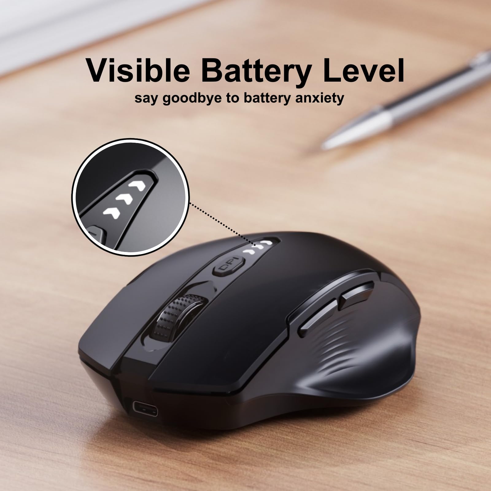 Upgraded 2.4GHz Wireless Mouse with Rechargeable Battery & Visible Battery Level - Ergonomic Computer Mouse with 4 DPI Levels for Laptop, PC, Mac - Matte Black - Perfect for Office, Gaming & Home Use