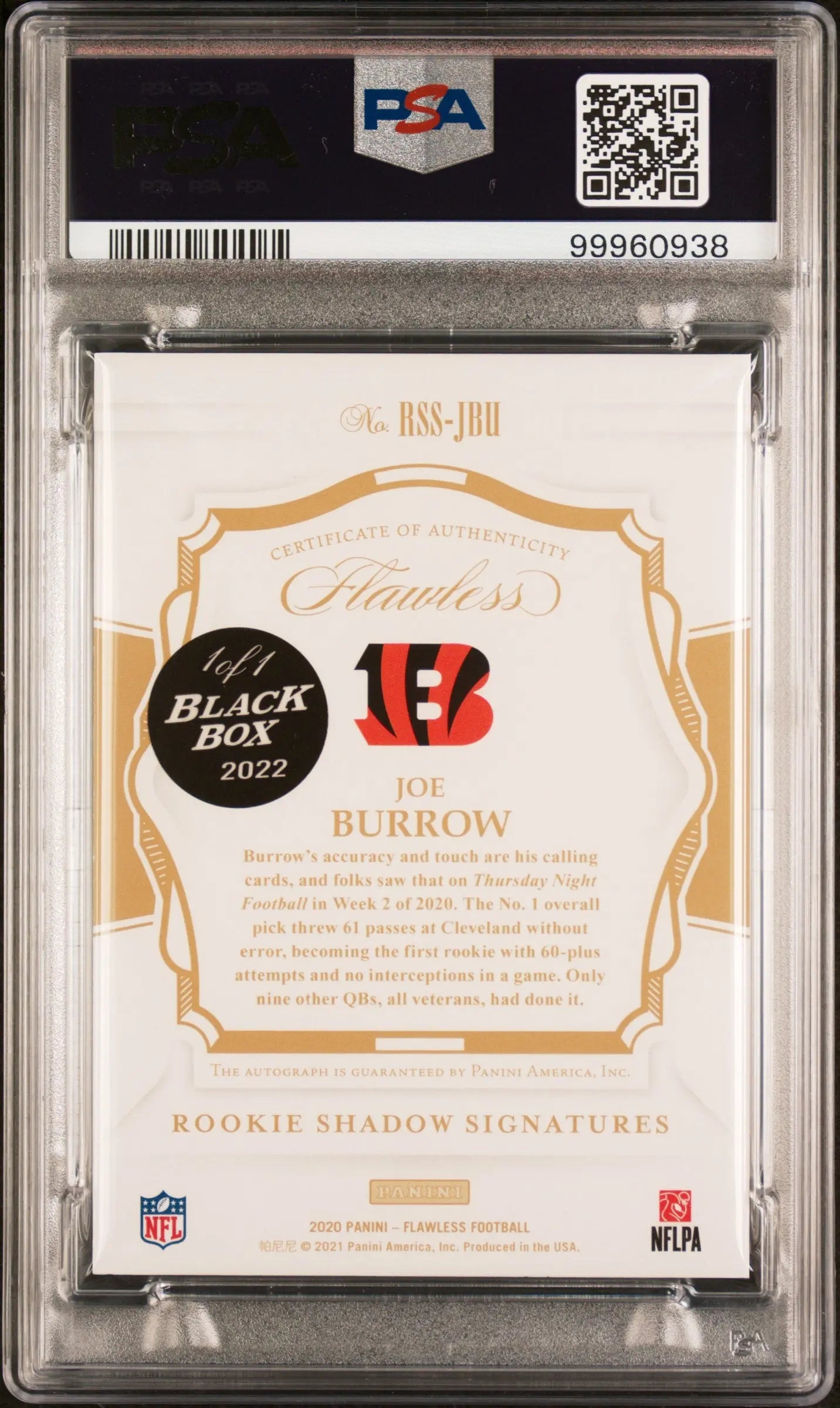 2020 Flawless Rookie Shadow Signatures Joe Burrow Ruby Black Box PSA 8 1/1 - Rare Football Trading Card for Collectors & Investors - Perfect for Sports Memorabilia Displays & Auctions