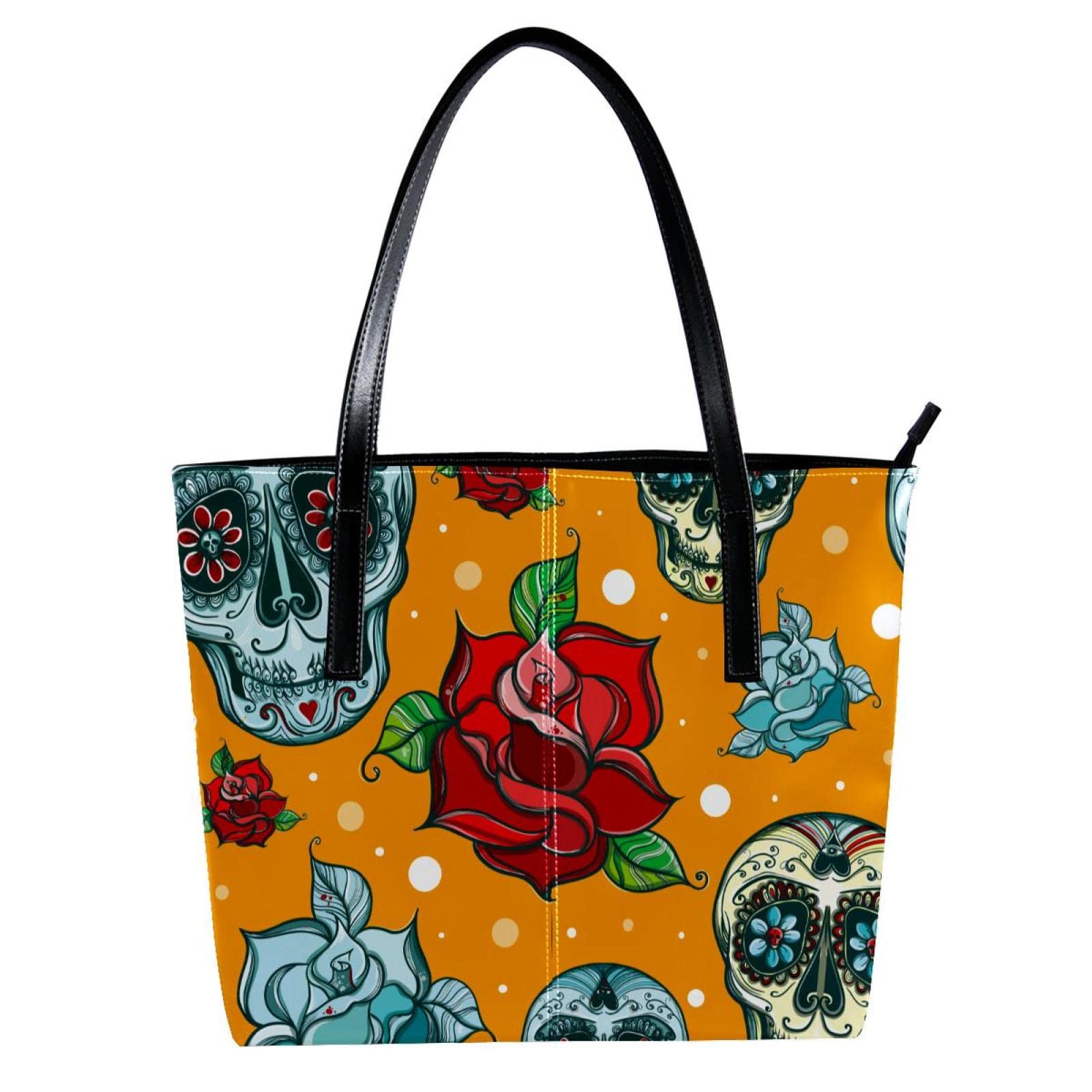 Stylish Women's Leather Handbag - Large Capacity Top Handle Satchel Shoulder Bag with Floral Skulls Pattern | Perfect for Work, Travel & Everyday Use