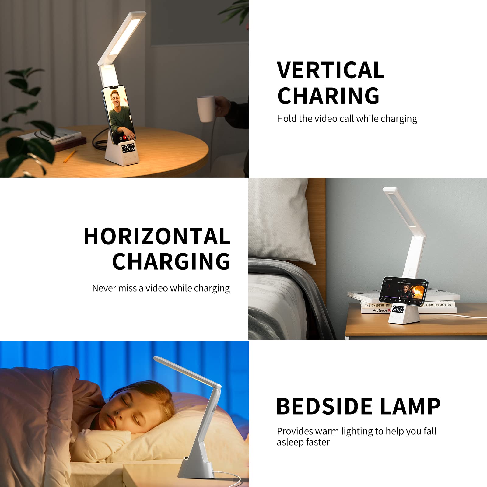 GAOHANG 3-in-1 LED Desk Lamp with Wireless Charger, Touch Control, Digital Clock & Alarm | 3 Lighting Modes, Stepless Brightness Adjustable | Eye-Caring Table Lamp for Home Office, Study, Bedroom (White)