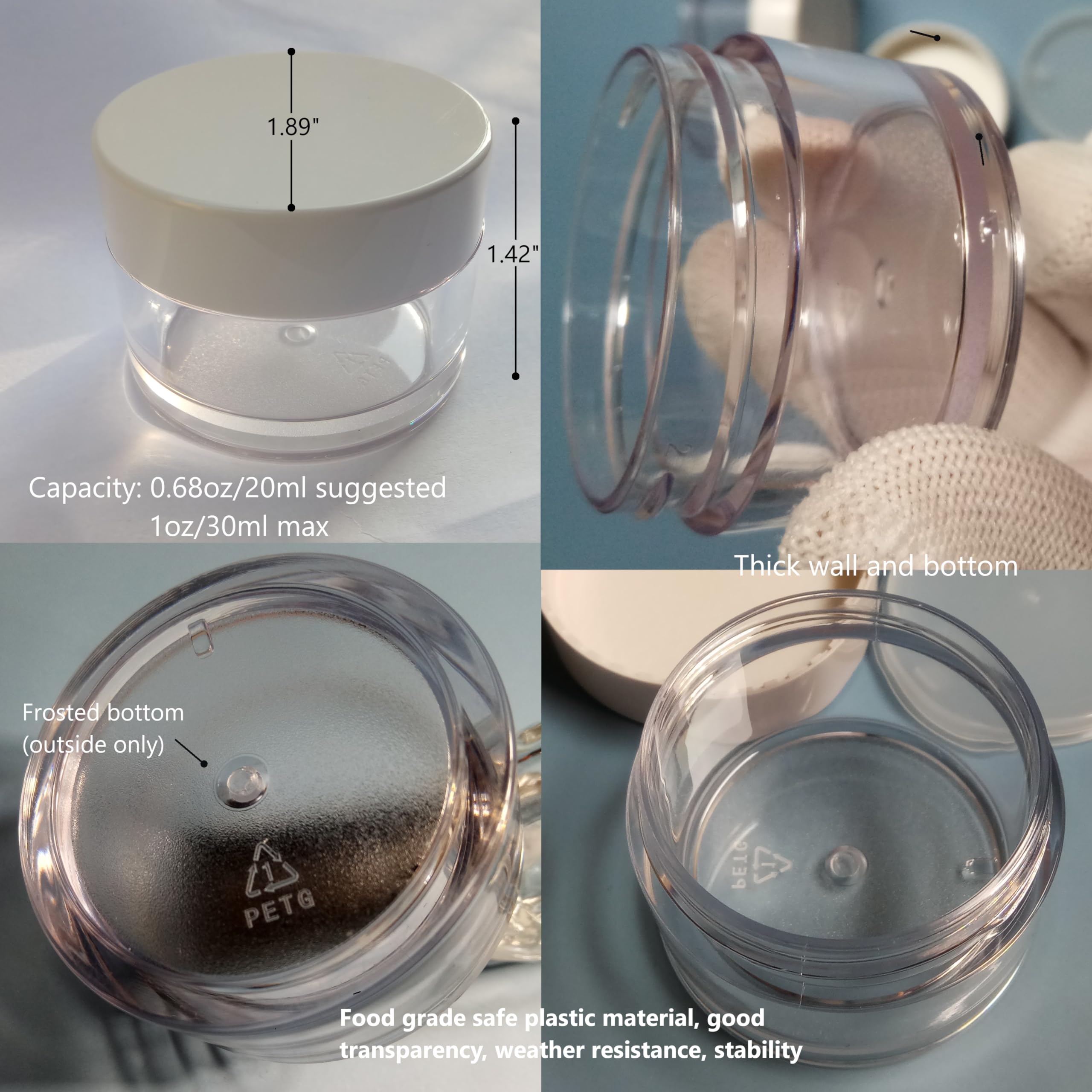 1 oz Thick PETG Plastic Travel Jars with Lids - Leakproof Containers for Creams, Lotions, Powders - Perfect for Toiletries, Makeup, Pill Organizers & Travel Essentials (Includes Silicone Makeup Brush & Sponge Puff) - Ideal for DIY Beauty, Skincare Samples & On-the-Go Storage