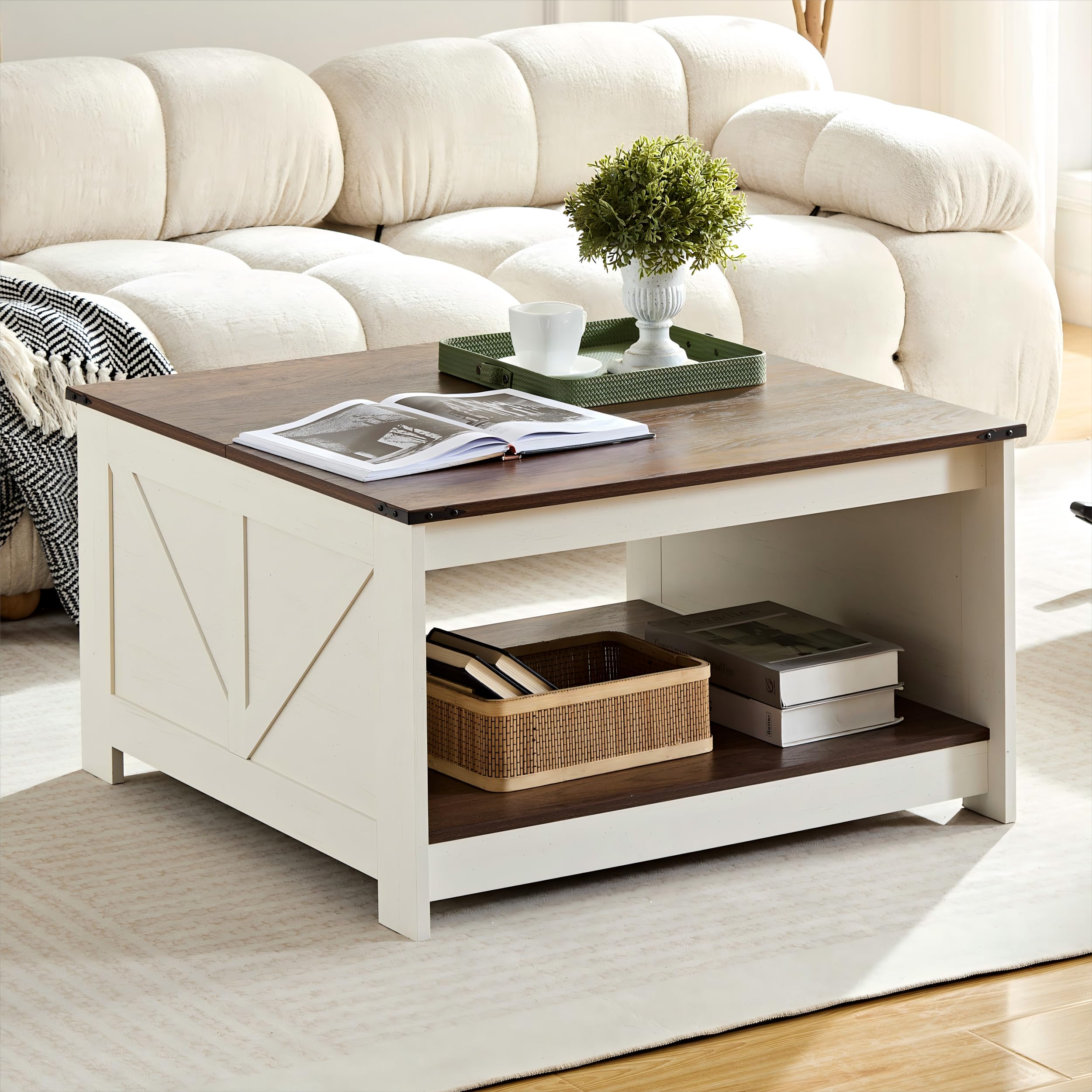 Farmhouse TV Stand and Coffee Table Set - 2 Piece Entertainment Center for 75 Inch TV with Built-in Power Outlet, Rustic Wood Square Coffee Tables for Living Room in Antique White - Perfect for Cozy Living Rooms, Home Theaters & Farmhouse Decor