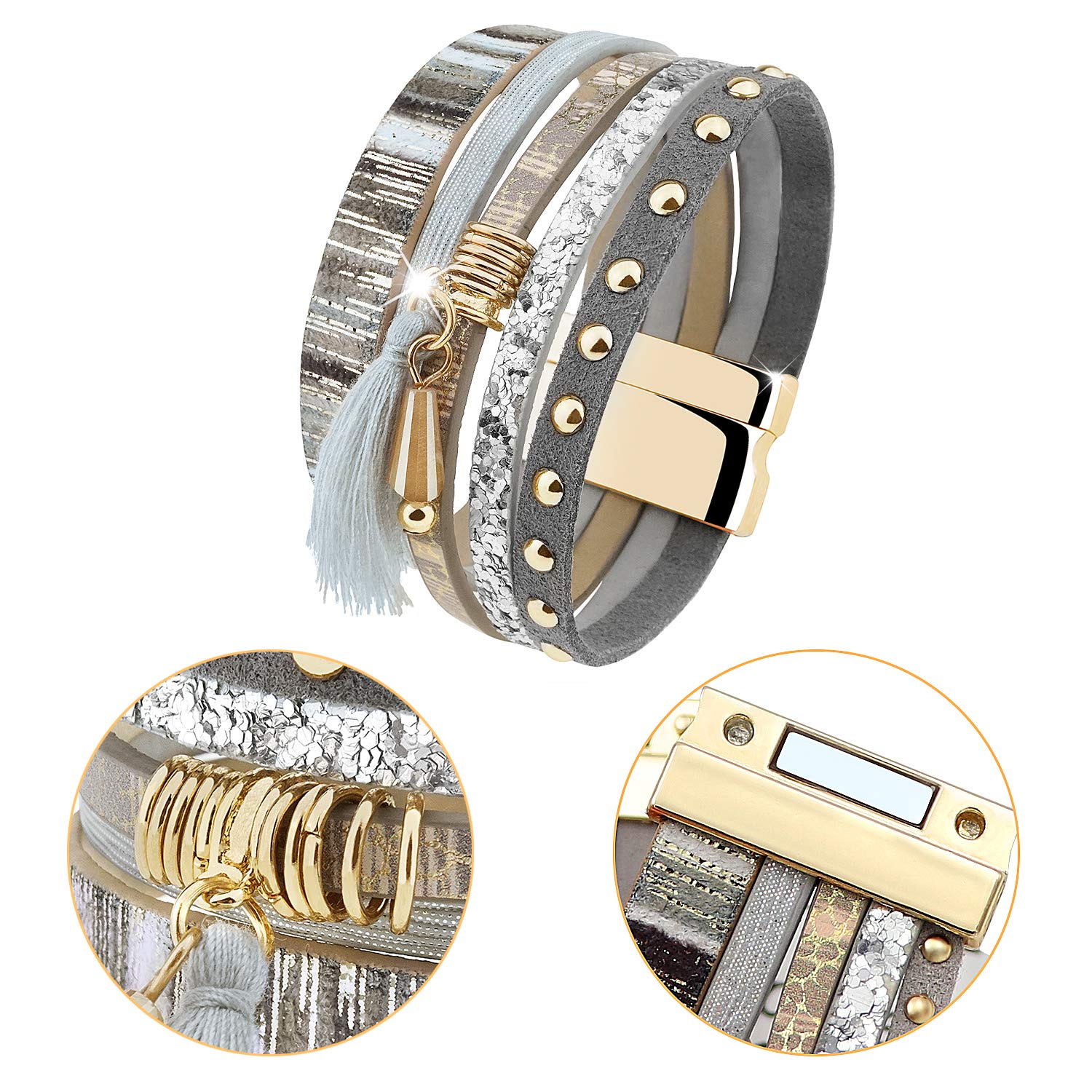 Wowanoo 3-Pack Leather Cuff Bracelet Set for Women - Multilayer Wrap Bracelet with Crystal Feather Tree Design & Magnetic Clasp | Boho Chic Jewelry for Casual Wear, Parties & Gift Giving