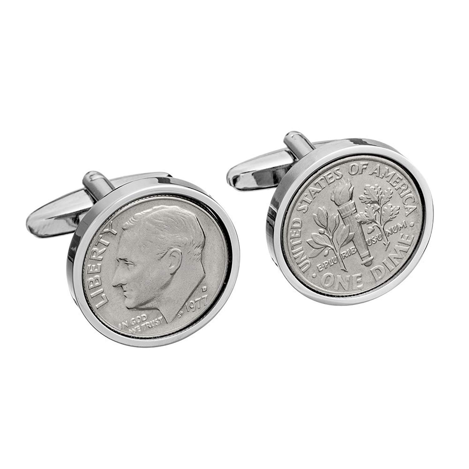 Rhodium Plated 1977 US Coin Cufflinks for Men - Vintage Birthday Gift for Dad, Husband & Collectors - Perfect for Weddings, Anniversaries & Special Occasions