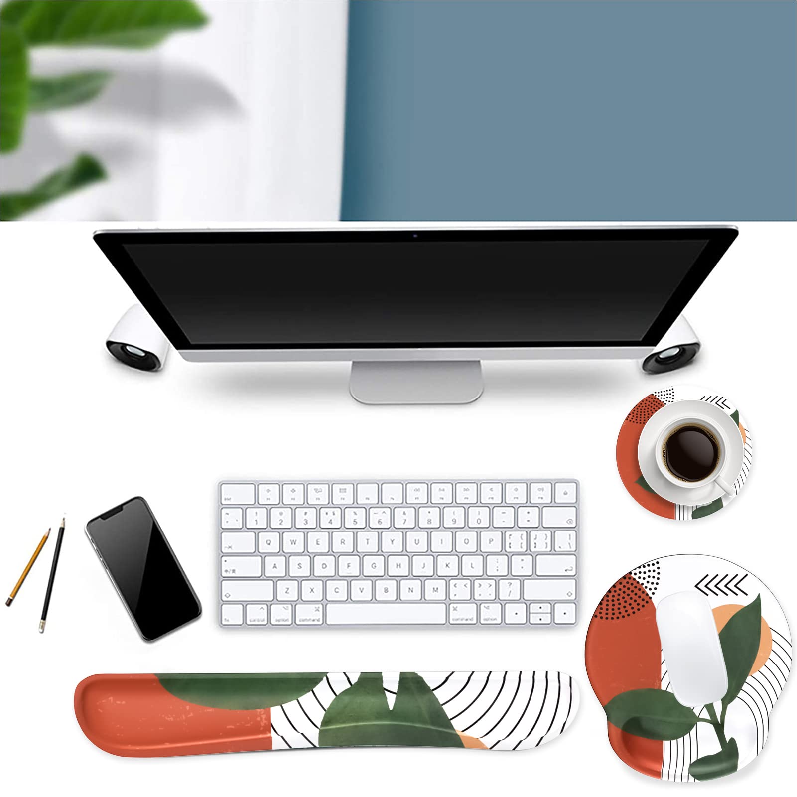 iLeadon Ergonomic Mouse Pad with Wrist Rest - Non-Slip Computer Mouse Pad for Home & Office - Comfortable Wrist Support for Pain Relief & Easy Typing - Modern Abstract Plant Design - Perfect for Gaming, Work & Long Computer Sessions