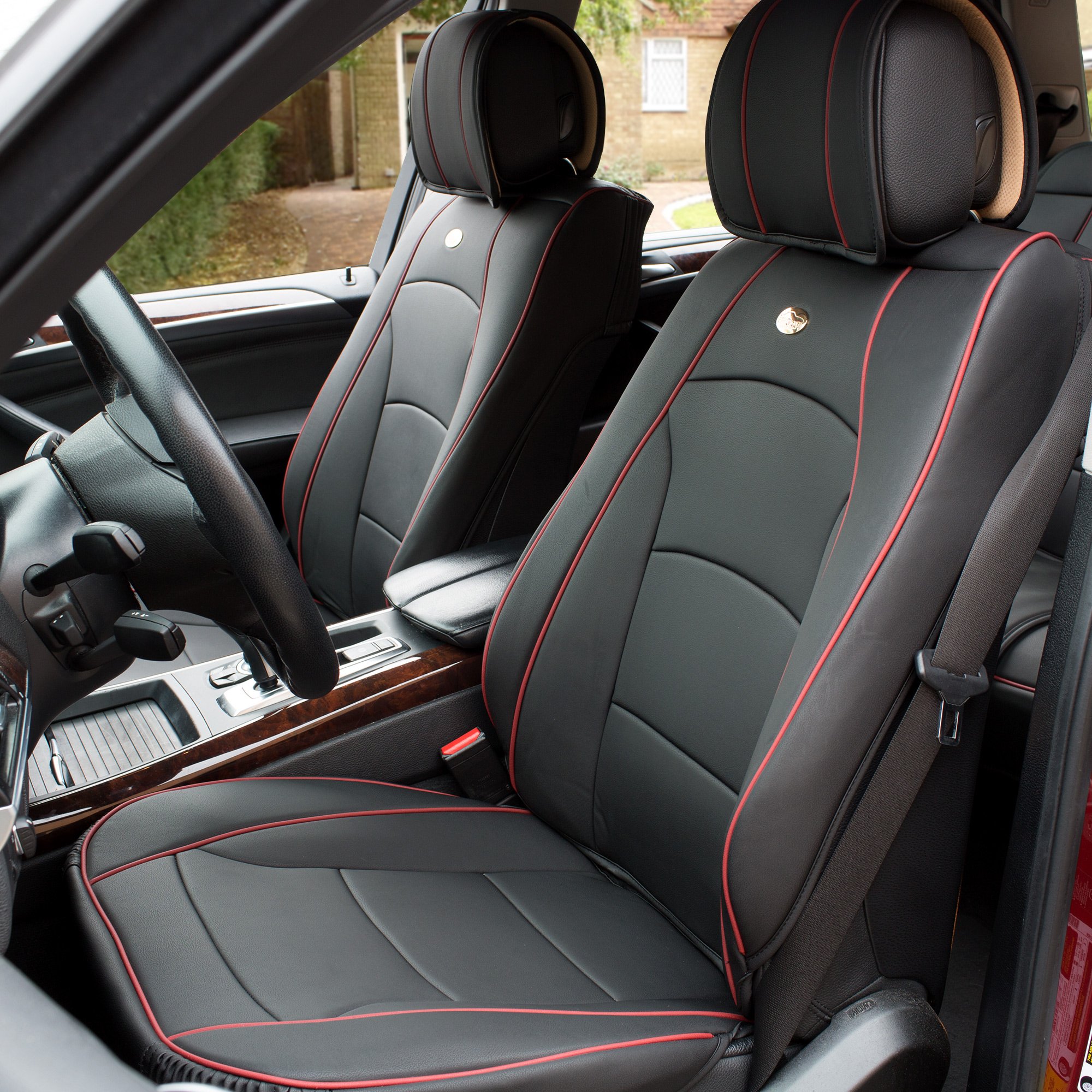 TLH Ultra Comfort Leatherette Seat Cushions - Front Only (Black/Red) | Universal Fit Waterproof Car Seat Protectors for Cars, Trucks & SUVs | Premium Automotive Interior Accessories for Long Drives & Commuting