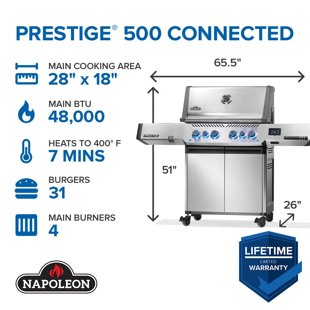 Napoleon Prestige 500 RSIB Smart Gas Grill with Infrared Side & Rear Burners - Perfect for Backyard BBQs, Outdoor Cooking, and Entertaining Guests