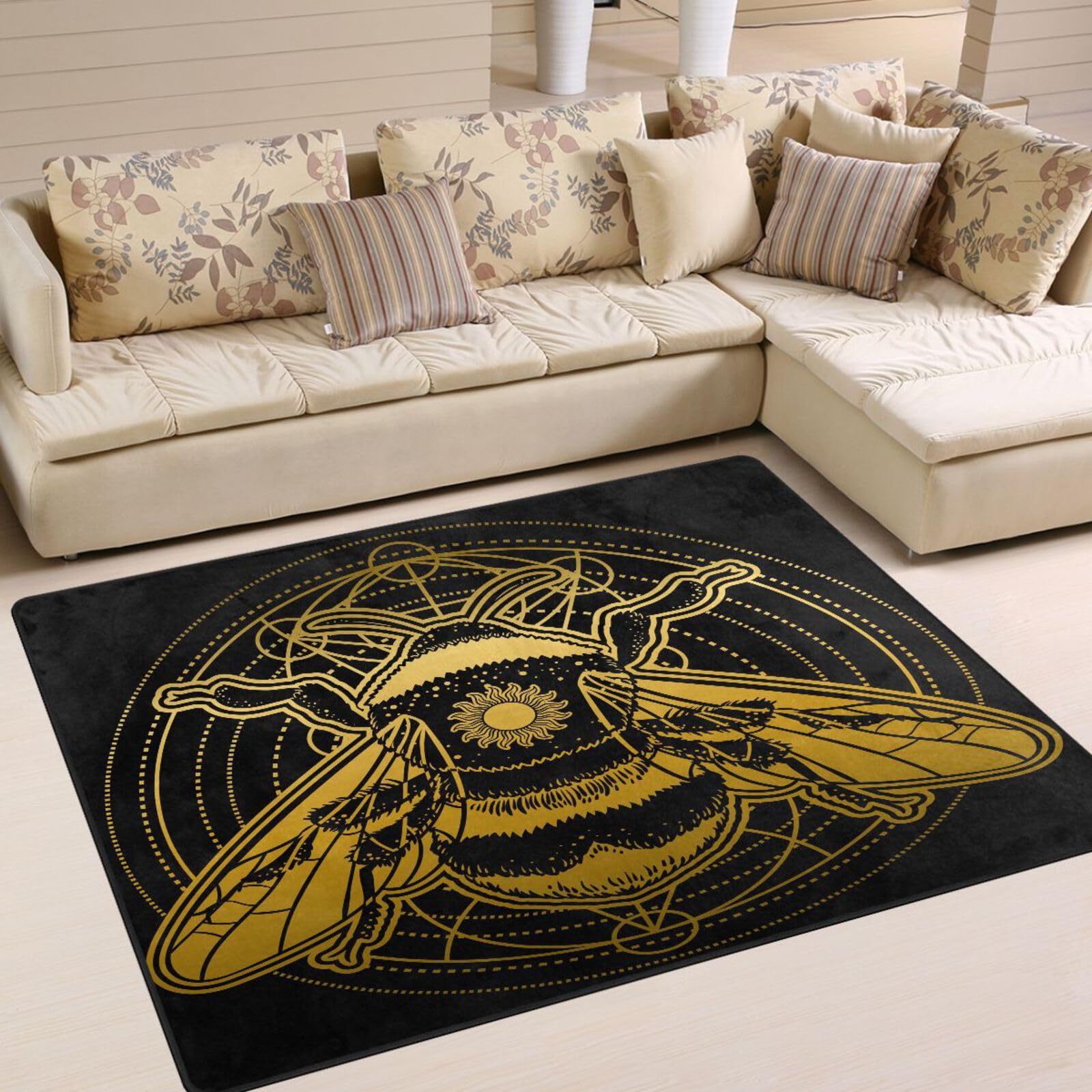 Bohemian Golden Bee Sun Area Rug 7' x 5' - Handmade Vintage Style Rug for Living Room, Bedroom, Dorm Decor - Perfect for Boho Chic Home, Yoga Studio & Cozy Spaces