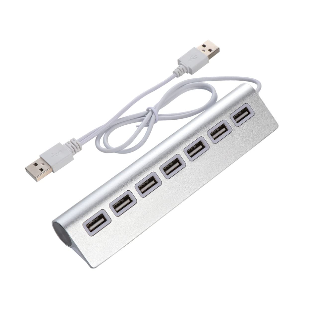 HEMOTON 7-Port USB 2.0 Hub for Computer & Laptop, Aluminum USB Splitter with Additional Power Port, Silver - Ideal for Home Office, Gaming, and Multi-Device Connectivity