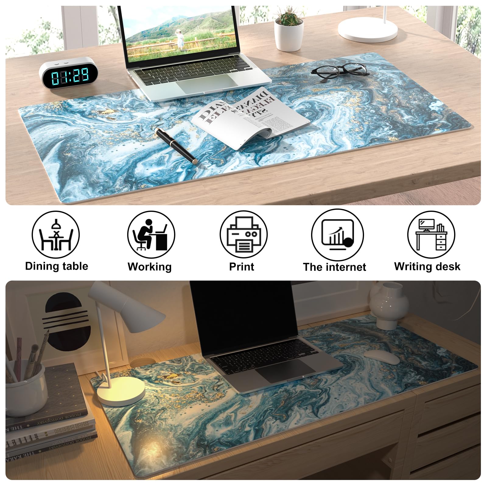 Premium Waterproof Blue & Gold Marble Desk Pad - Large 31.5