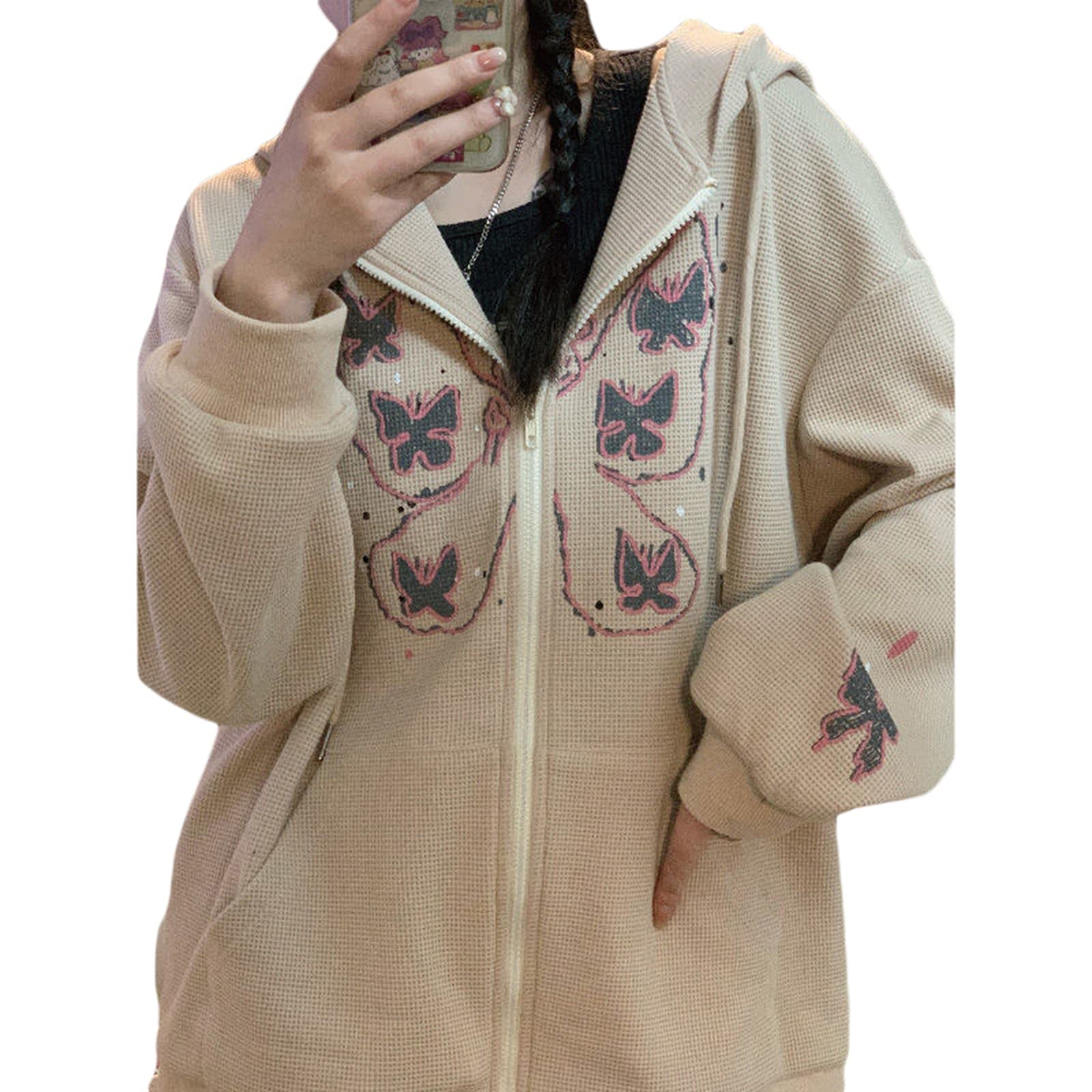 Women's Butterfly Print Zip Up Hoodie - Y2K Aesthetic Oversized Sweatshirt | Long Sleeve Casual Streetwear Jacket for Everyday Wear & Fashion Outfits