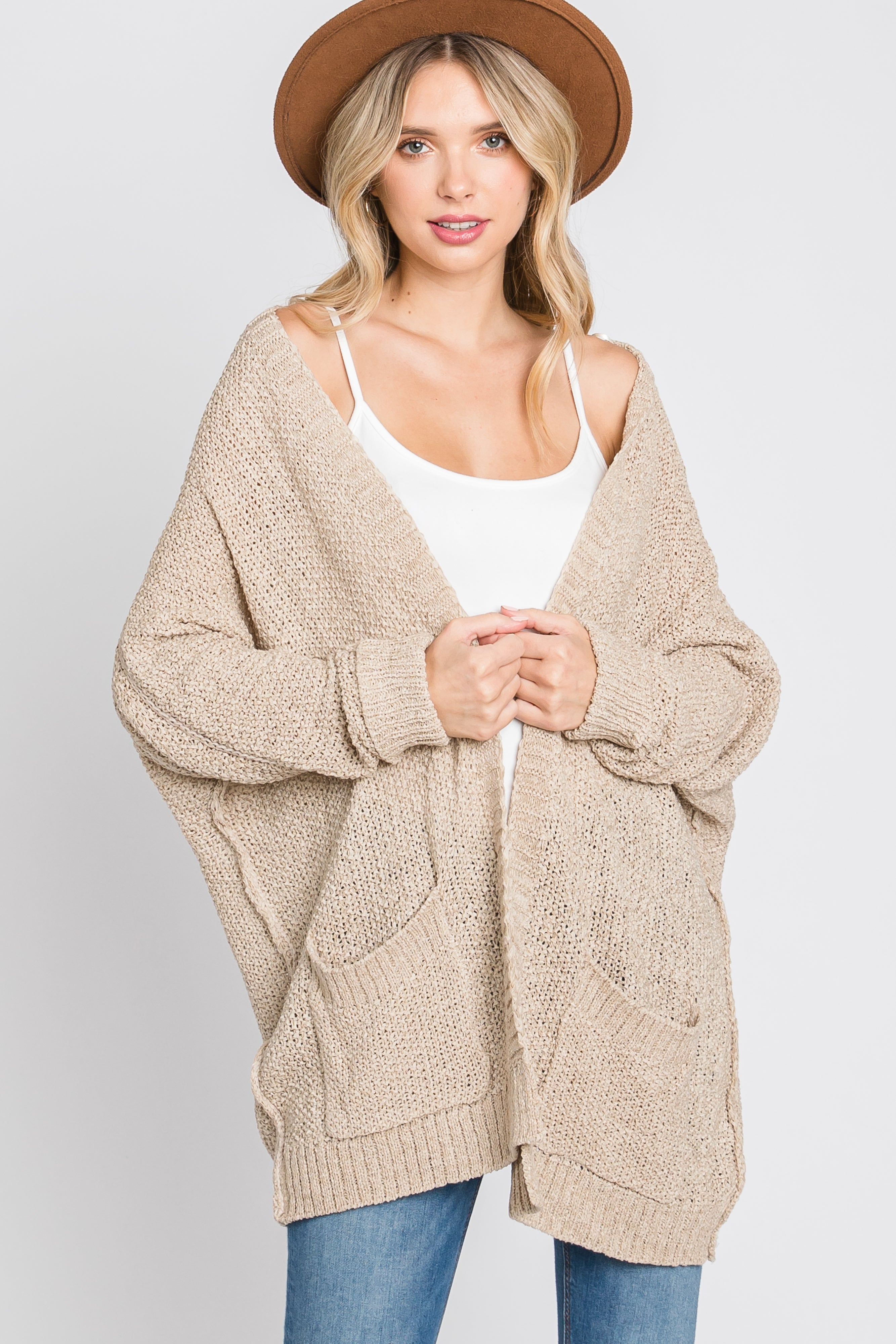 Beige Cuff Sleeve Cardigan for Women - Soft Knit Open Front Long Sweater - Cozy Fall & Winter Layering Piece for Office, Date Night or Casual Outfits