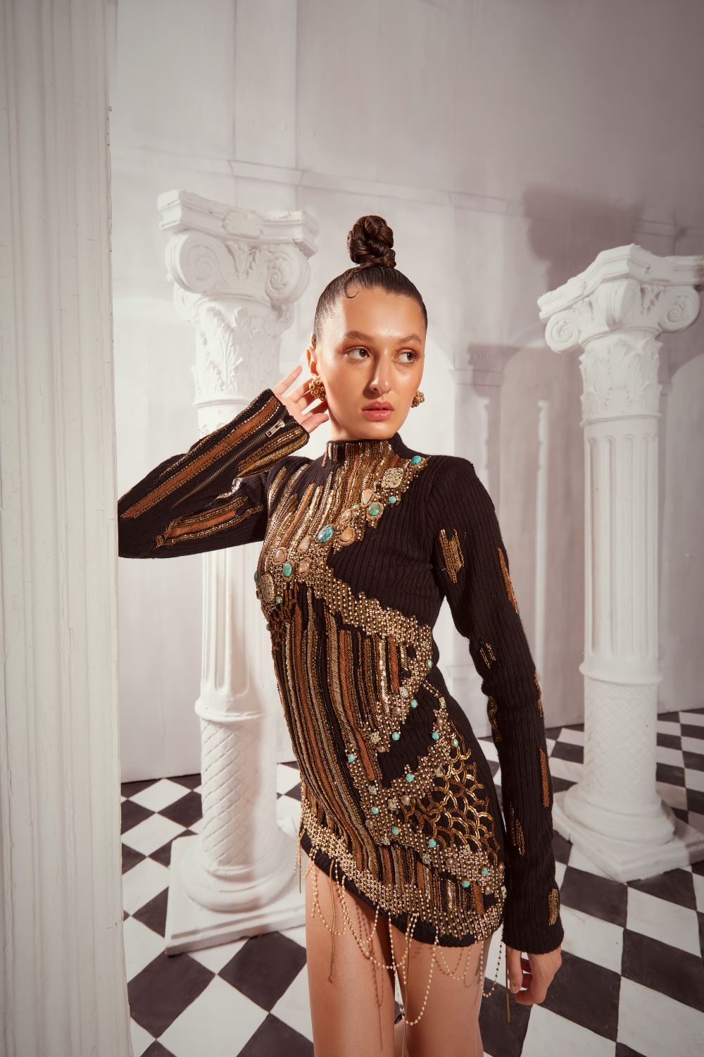 Baroque Style Jeweled Hand Embroidered Short Knit Dress for Women - Perfect for Parties, Weddings & Special Occasions