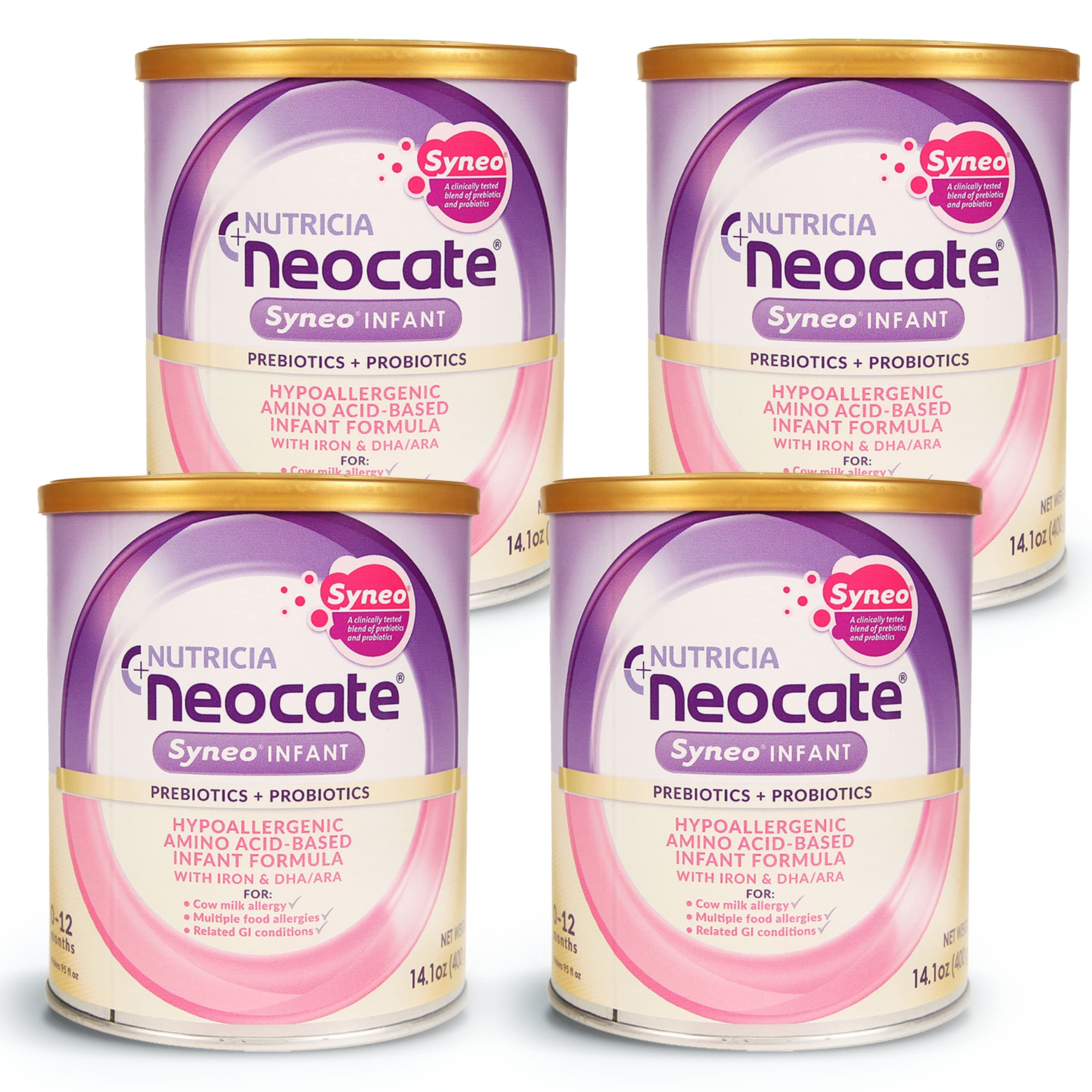 Neocate Syneo Infant Hypoallergenic Baby Formula - Dairy-Free, Amino Acid-Based with Prebiotics, Probiotics & DHA/ARA - Food Allergy-Friendly Nutrition for Newborns - 14.1 oz (4-Pack) - Perfect for Colic, Reflux and Cow's Milk Protein Allergy Relief