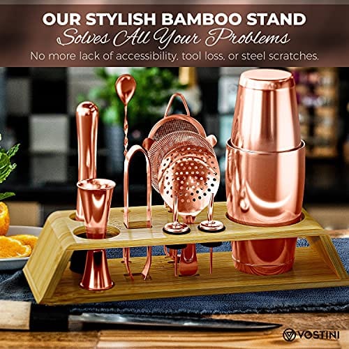 Premium 12-Piece Rose Gold Cocktail Shaker Set with Bamboo Stand - 18oz & 28oz Weighted Stainless Steel 304 Bar Tools - Professional Bartending Mixing Kit for Home Bars, Parties & Cocktail Making