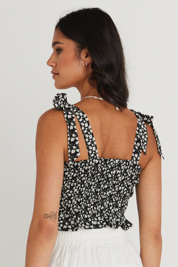 Stylish Black Ditsy Floral Shirred Cami Top for Women | Summer Casual Outfit | Perfect for Dates, Beach Vacations & Brunch