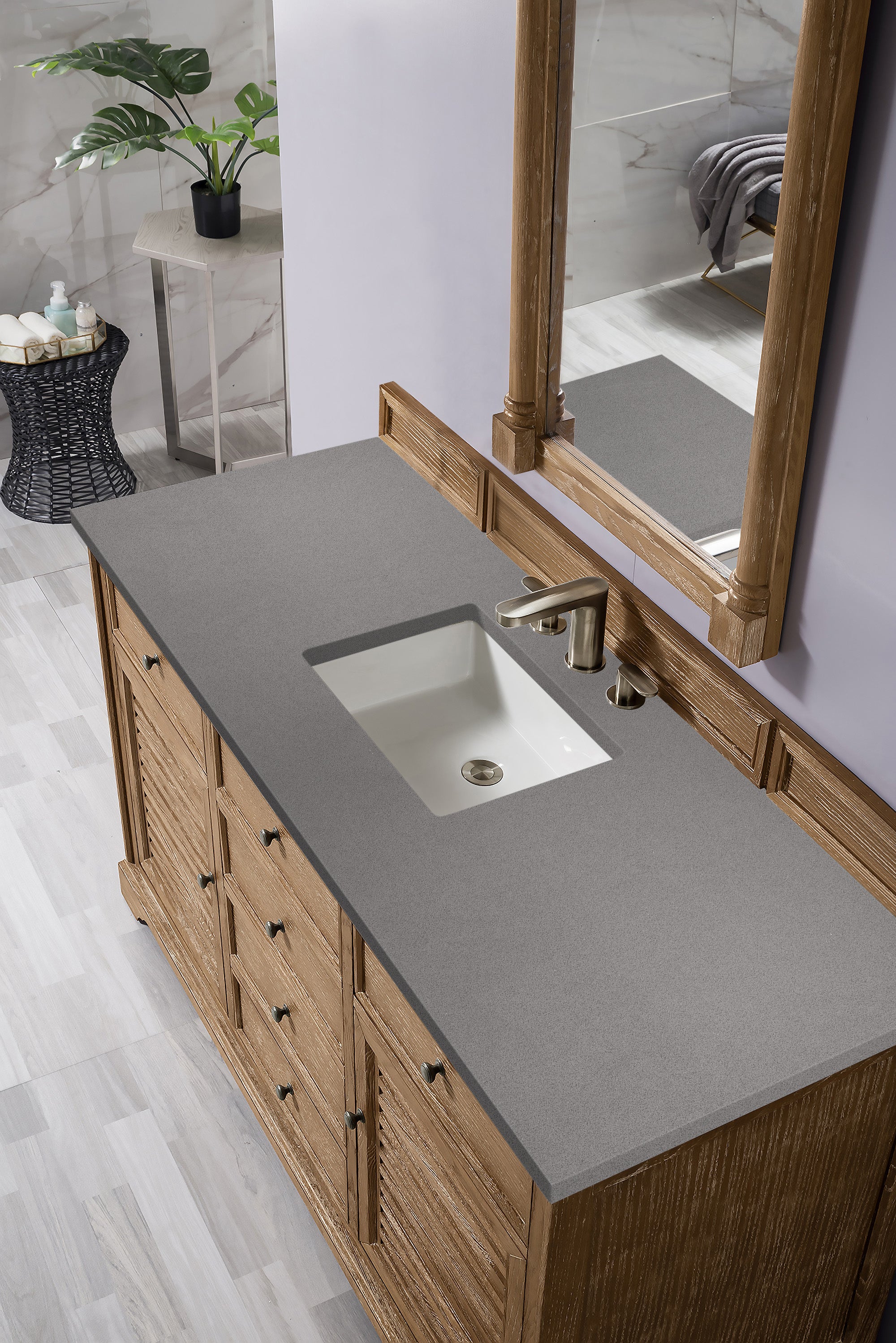 Savannah 60 Inch Single Vanity Cabinet in Driftwood Finish with 3CM Grey Expo Quartz Top - Perfect for Modern Bathroom & Powder Room Renovations