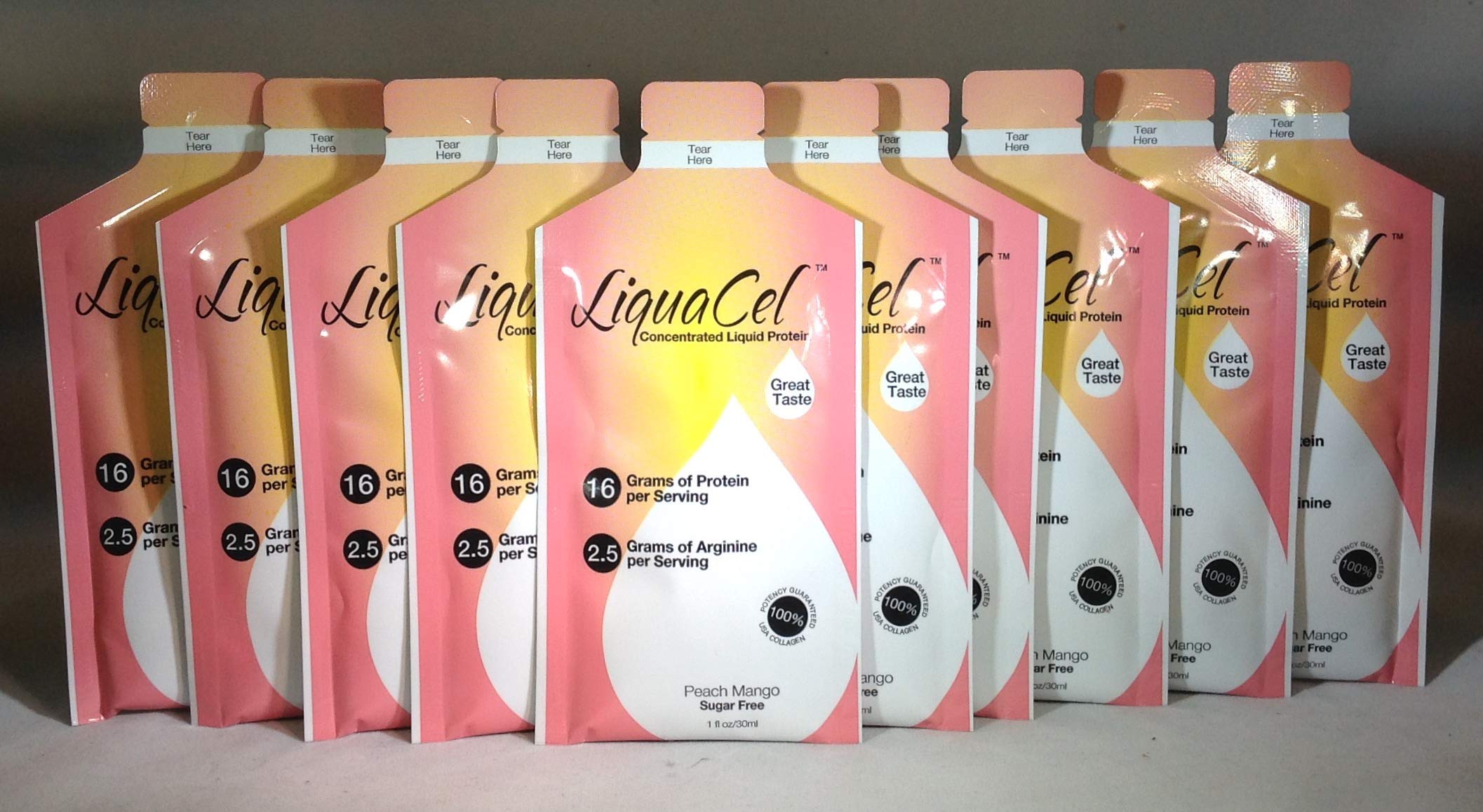 LiquaCel Liquid Protein Powder - 16g Protein per 1oz Serving - 10 Single-Serve Packets - Collagen Whey Arginine Supplement - Peach Mango Flavor - Perfect for Post-Workout Recovery, Travel & On-the-Go Nutrition