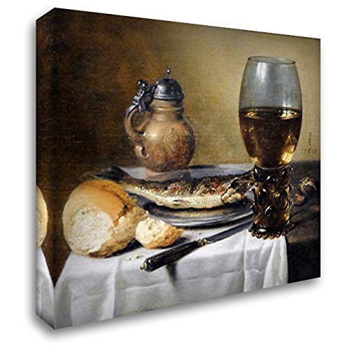 Pieter Claesz Still Life Painting - Jug, Wine Glass, Herring & Bread - 22x20 Gallery Wrapped Canvas Art - Perfect for Dining Room, Kitchen Decor & Art Lovers