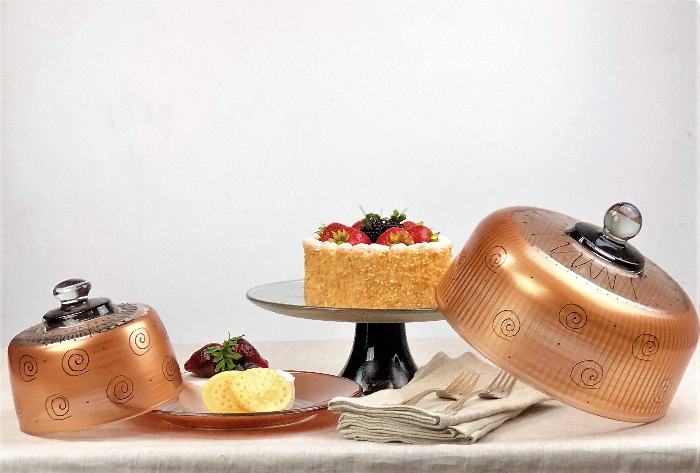 Hand Painted Glass Cake Stand with Cover - Tuscan Sunset Collection - Vibrant Gold Decorative Cake Dome - Unique Kitchen Table Decor for Weddings, Parties & Home Baking Display
