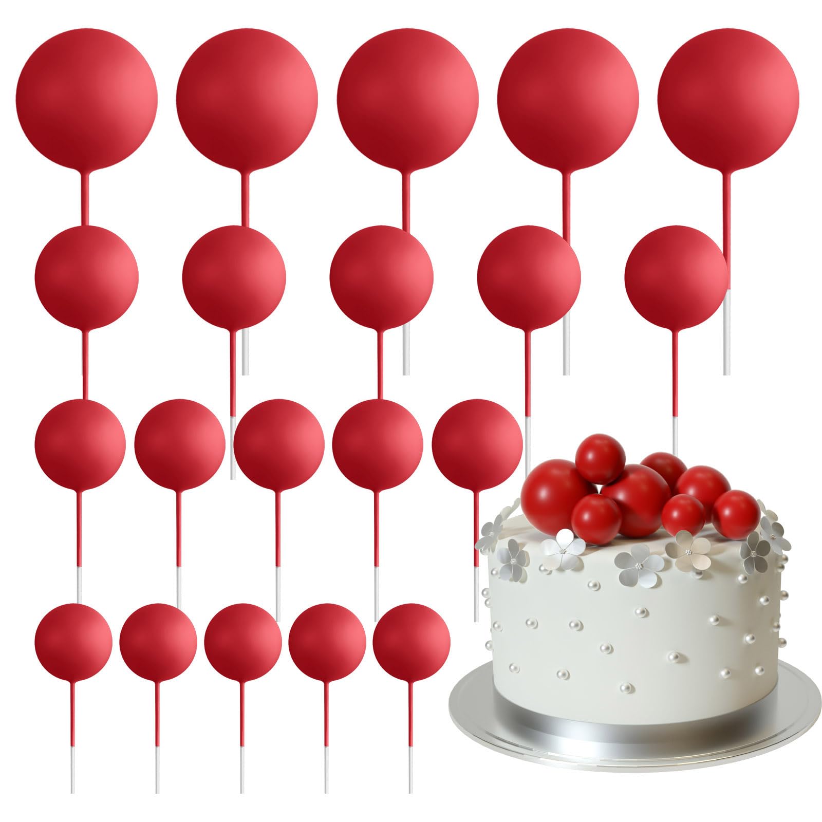 20 Pcs Mini Balloon Cake Toppers - Red Ball Cake Decorations with Sticks for Birthday, Christmas & Party Cakes - Perfect for Cupcakes, Wedding Cakes & Dessert Decorating