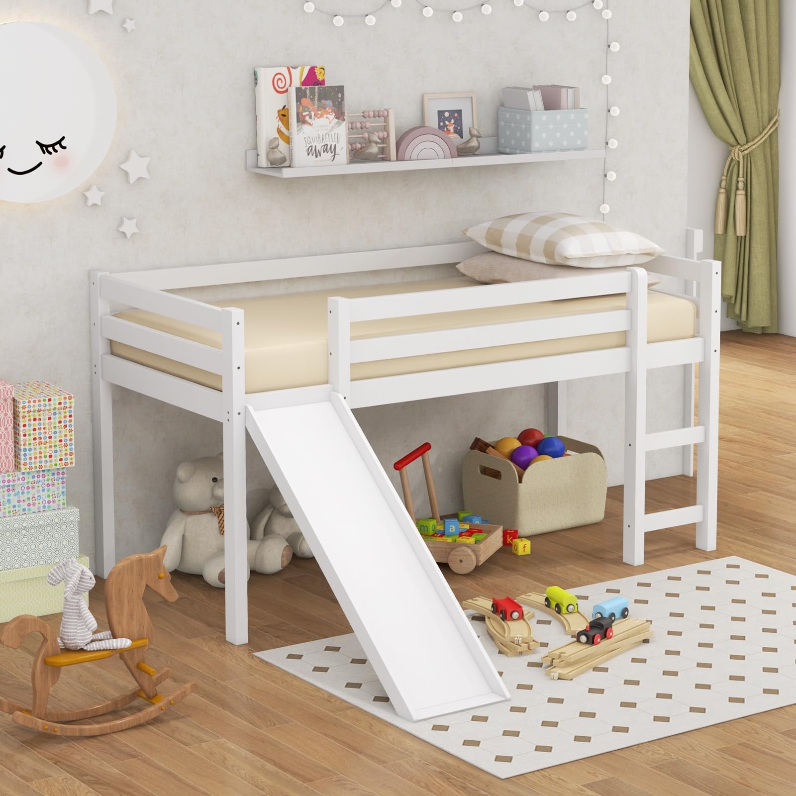 **Giantex Twin Loft Bed with Slide - Wooden Low Loft Bed for Kids & Toddlers - Twin Bed Frame with Climbing Ladder & Storage - No Box Spring Needed - White - Perfect for Small Bedrooms, Playrooms & Sleepovers**