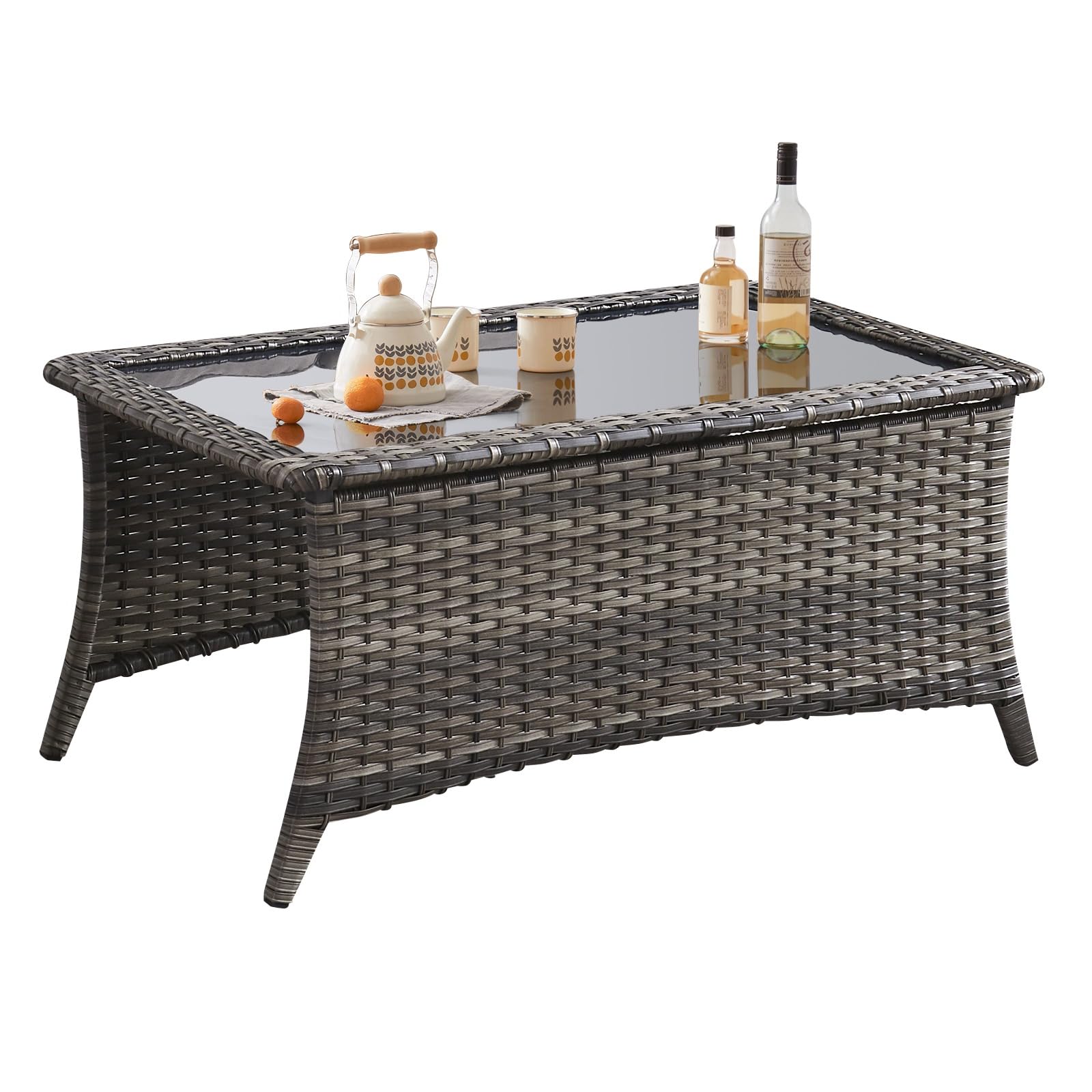 **Outdoor Coffee Table with Tempered Glass Top - Rectangular Patio Table in Mixed Grey Wicker - Handwoven Rattan Coffee Table for Porch, Deck, Backyard - Perfect for Outdoor Lounging, Entertaining & Relaxation**