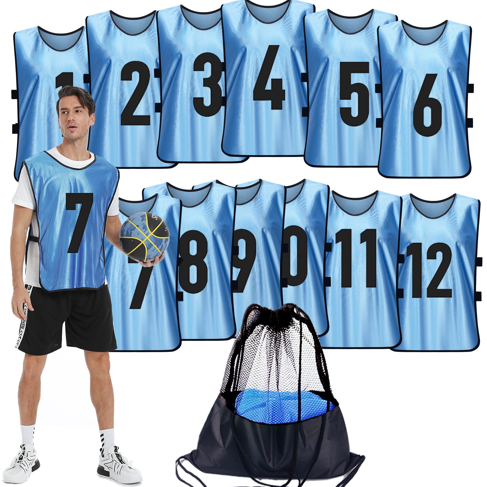 Scrimmage Training Vest 12 Pack - Reversible Soccer Pinnies for Adults & Youth with Numbered Bibs - Perfect for Team Sports, Soccer Practice & Scrimmage Games