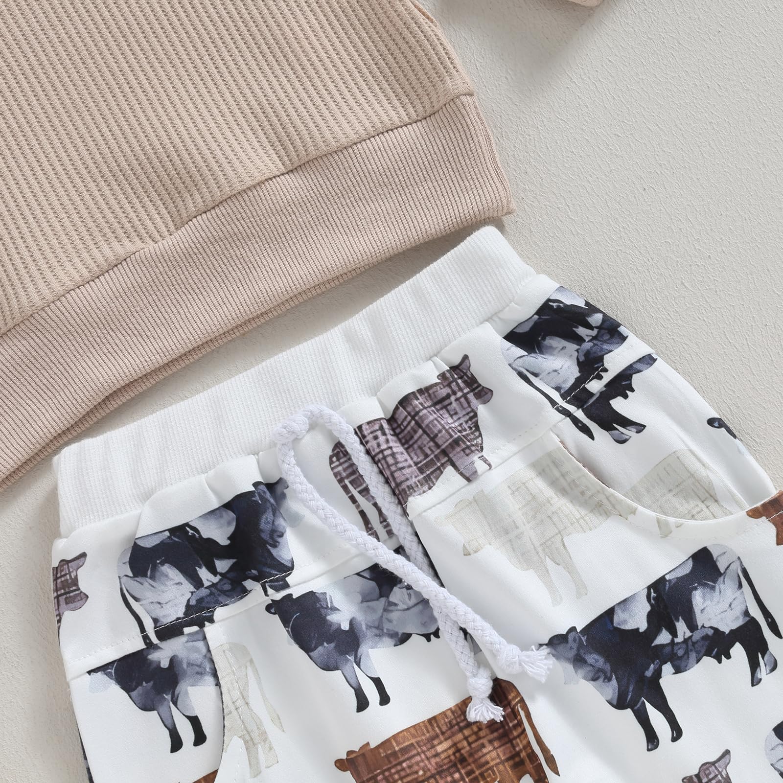Muasaaluxi Western Cow Print Baby Boy Outfit - Long Sleeve Waffle Crewneck Sweatshirt & Jogger Pants Set for Fall Winter | Cute Cowboy Style for Photoshoots, Birthday Parties & Holiday Dressing