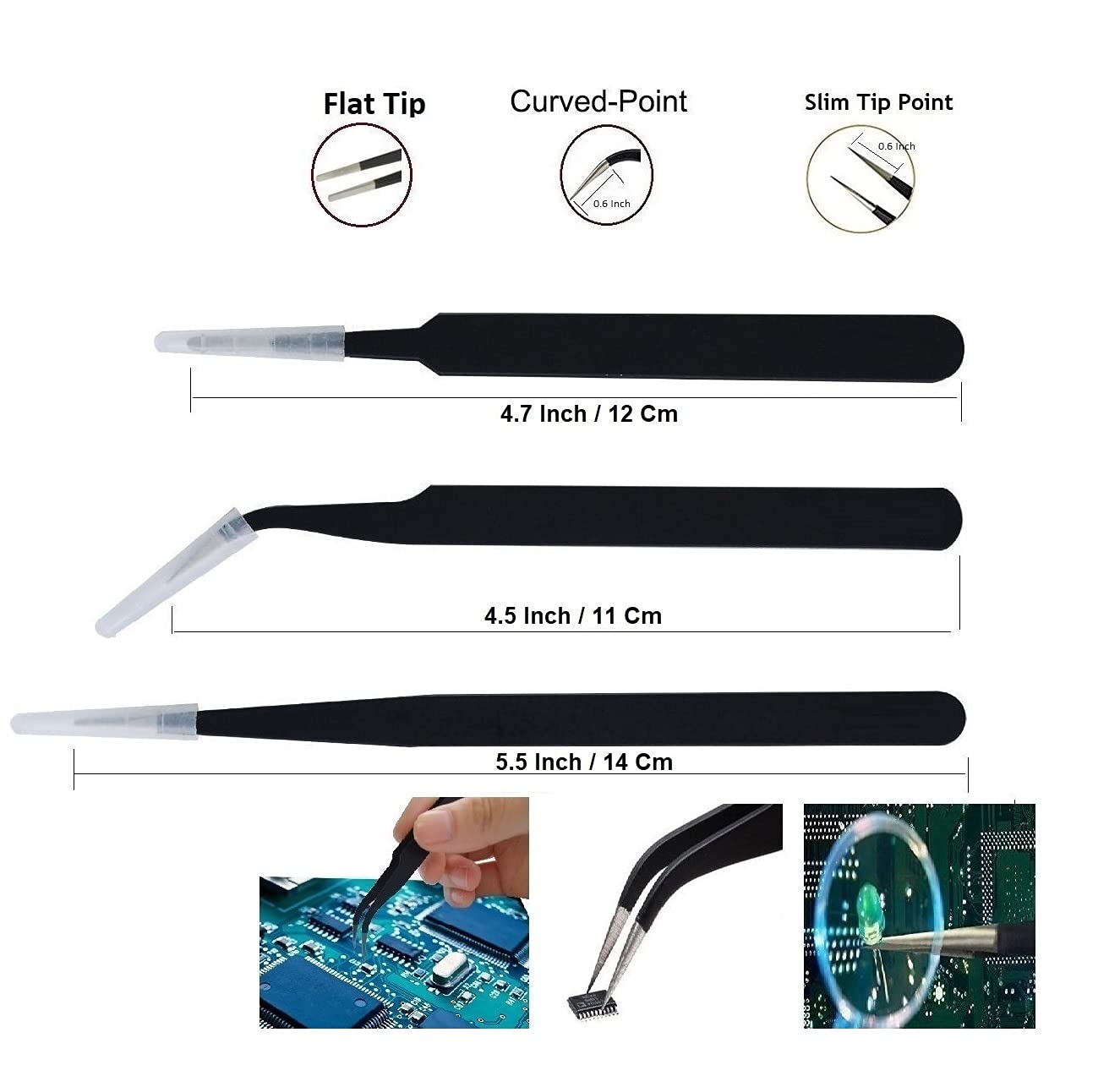 Vadda Bai Set of 3 ESD Safe Stainless Steel Black Coated Tweezers - Curved, Flat & Pointed Tips for Electronics Repair, Jewelry Making, Crafts & Lab Work | Perfect for Eyebrow Hair Removal & Precision Tasks