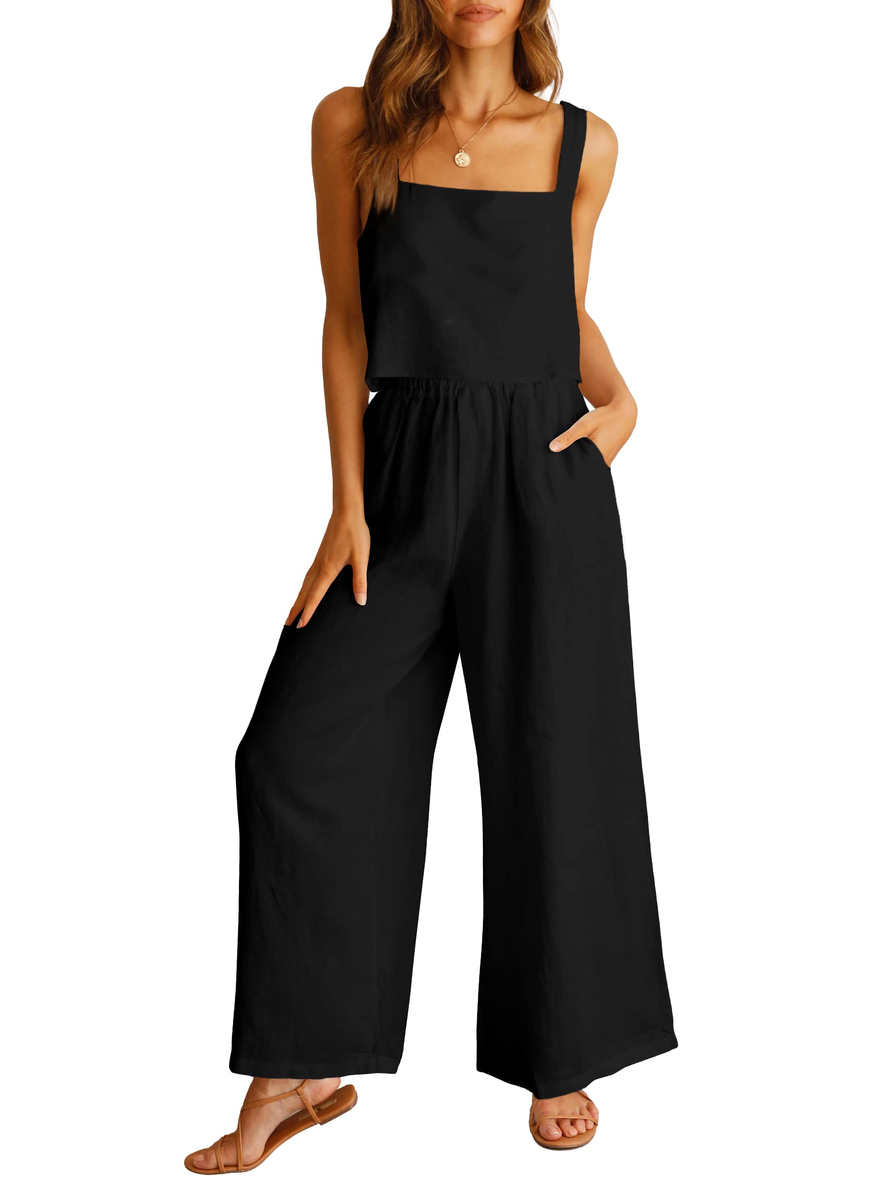 Prinbara Women's 2 Piece Linen Lounge Set - Sleeveless Square Neck Crop Top & Wide Leg Pants Outfit | Summer Casual Wear, Home Comfort, Vacation Outfits