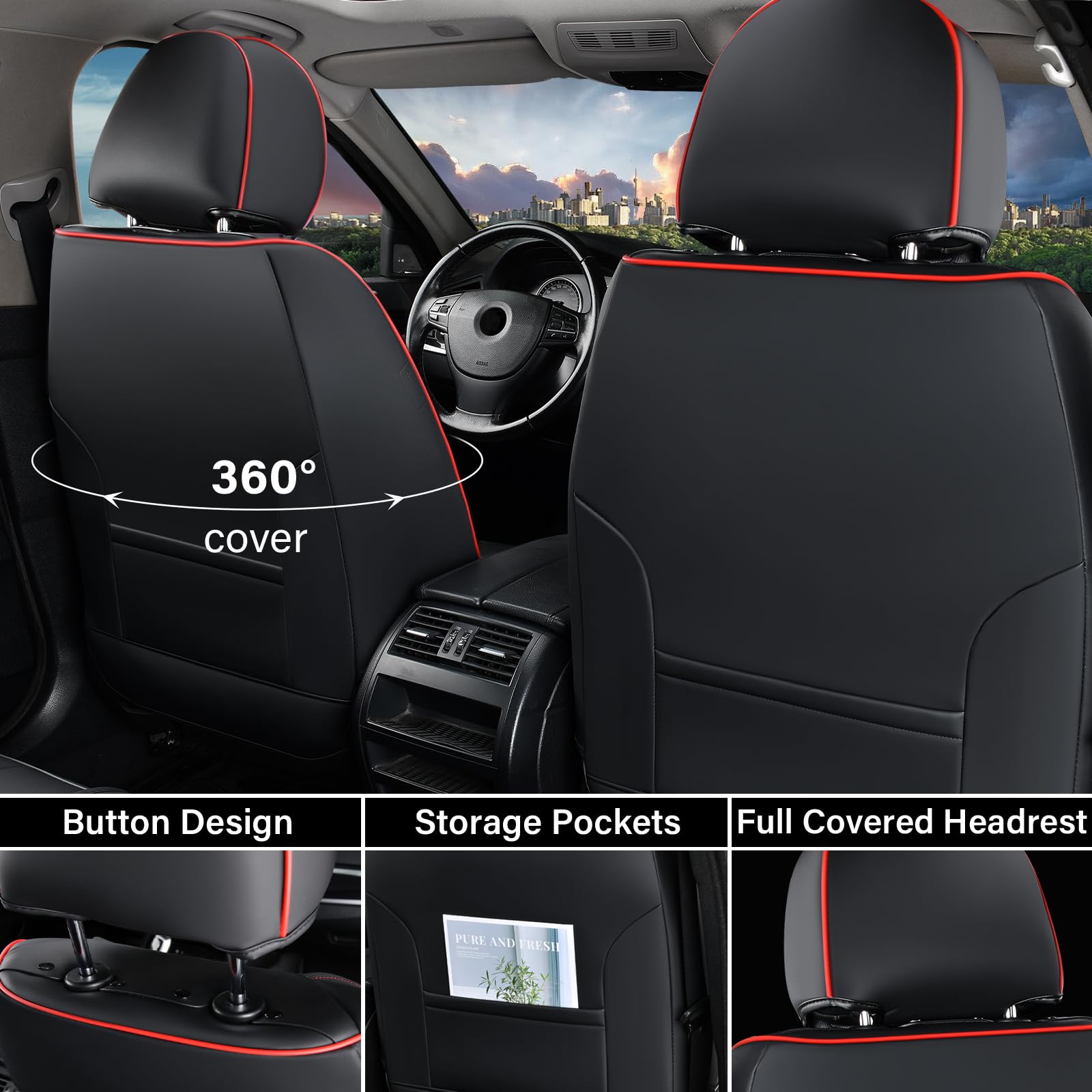 Leather Car Seat Covers 2PCS - Front Seat Protectors for Sedans & SUVs - Black & Red - Perfect for Daily Commute & Road Trips