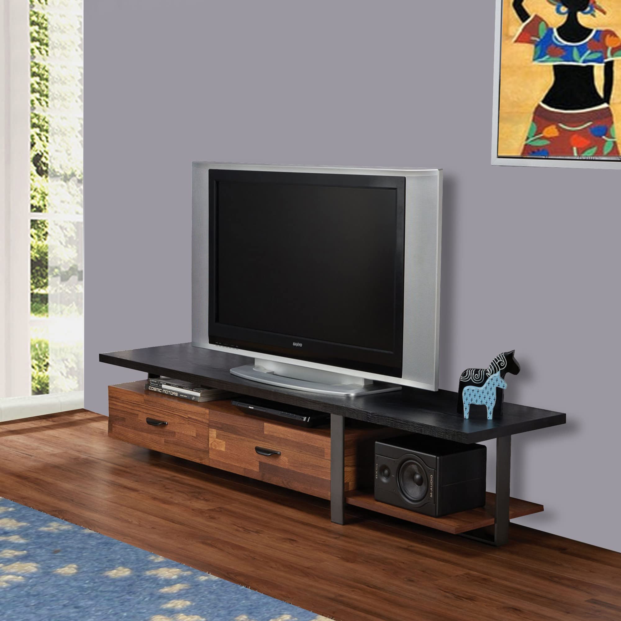 Benjara Modern TV Stand with Metal Frame & Wooden Top - 2 Drawers & Open Shelf - Black & Brown - Perfect for Living Room, Bedroom & Home Theater Setup