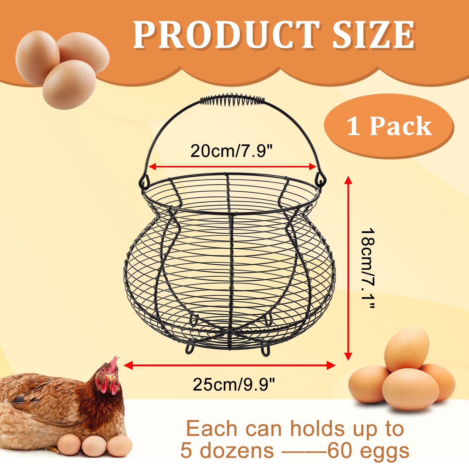 1 PCS Black Big Belly Wire Egg Basket with Handle - Small Metal Egg Collecting Basket for Chicken & Duck Eggs - Durable Egg Holder for Kitchen Countertop, Farm, or Backyard Gathering - Perfect for Fresh Egg Storage & Hunting