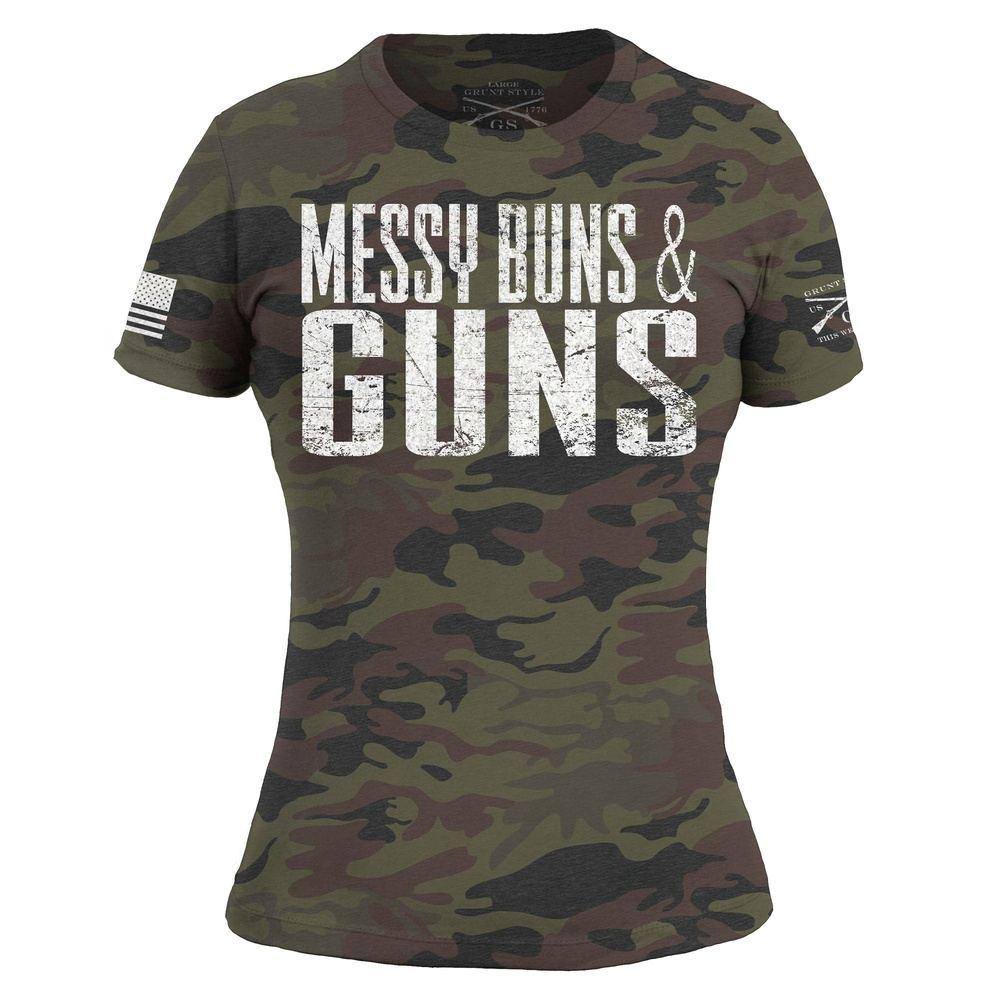 Women's Messy Buns & Guns Graphic T-Shirt - Woodland Camo Print Casual Tee for Gym, Workout & Everyday Wear