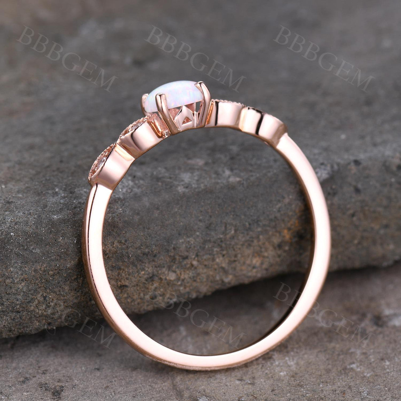 0.5 Carat Round White Opal Engagement Ring with Diamond Accent - Classic Vintage Style for Wedding, Proposal & Anniversary Gifts