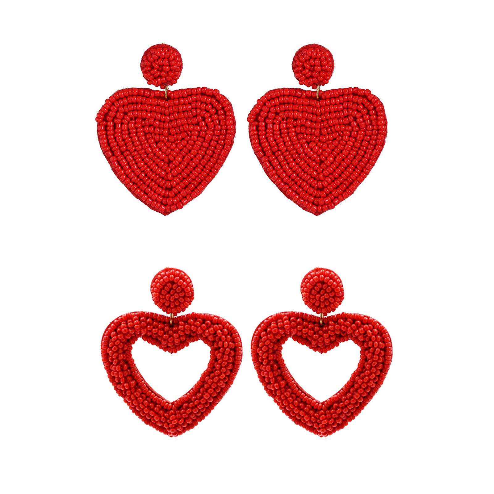 2 Pairs Handmade Bohemian Beaded Heart Earrings for Women - Seed Bead Statement Hoop Dangle Earrings - Valentine's Day Gift, Date Night, Party Accessories