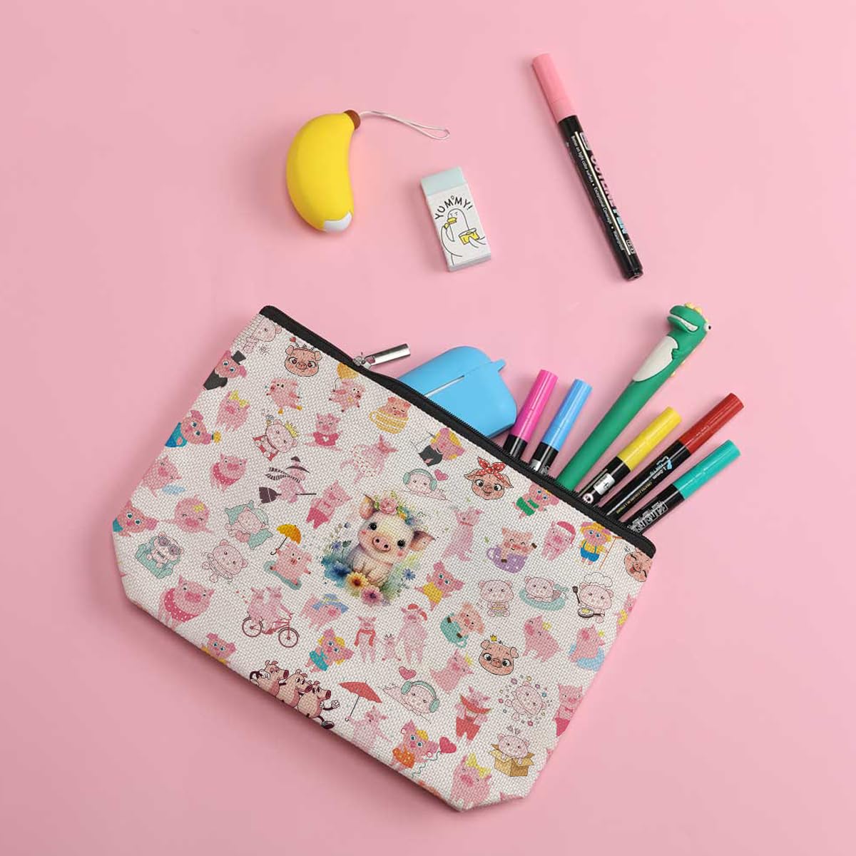 Zhamen Pig Makeup Bag - Cute Piggy Cosmetic Bag for Women, Girls, Teens | Perfect Gift for Her, Daughter, Sister, Girlfriend, BFF | Farm Animal Lovers Gift for Birthday, Graduation, Mother's Day, Nurse Day | Great for Travel, School, Work & Daily Makeup Storage