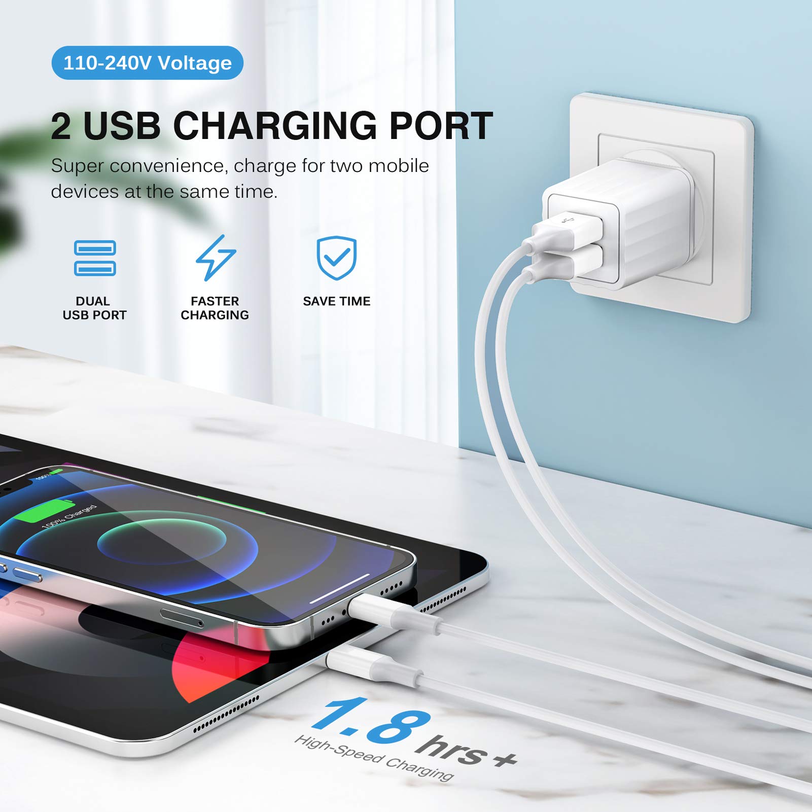 Apple MFi Certified Fast iPhone Charger 2-Pack - 6FT Lightning Cable & Dual USB Wall Charger - Compatible with iPhone 14/13/12/11/Pro Max/XS/XR/X/8/7 & iPad - Perfect for Home, Office & Travel Charging