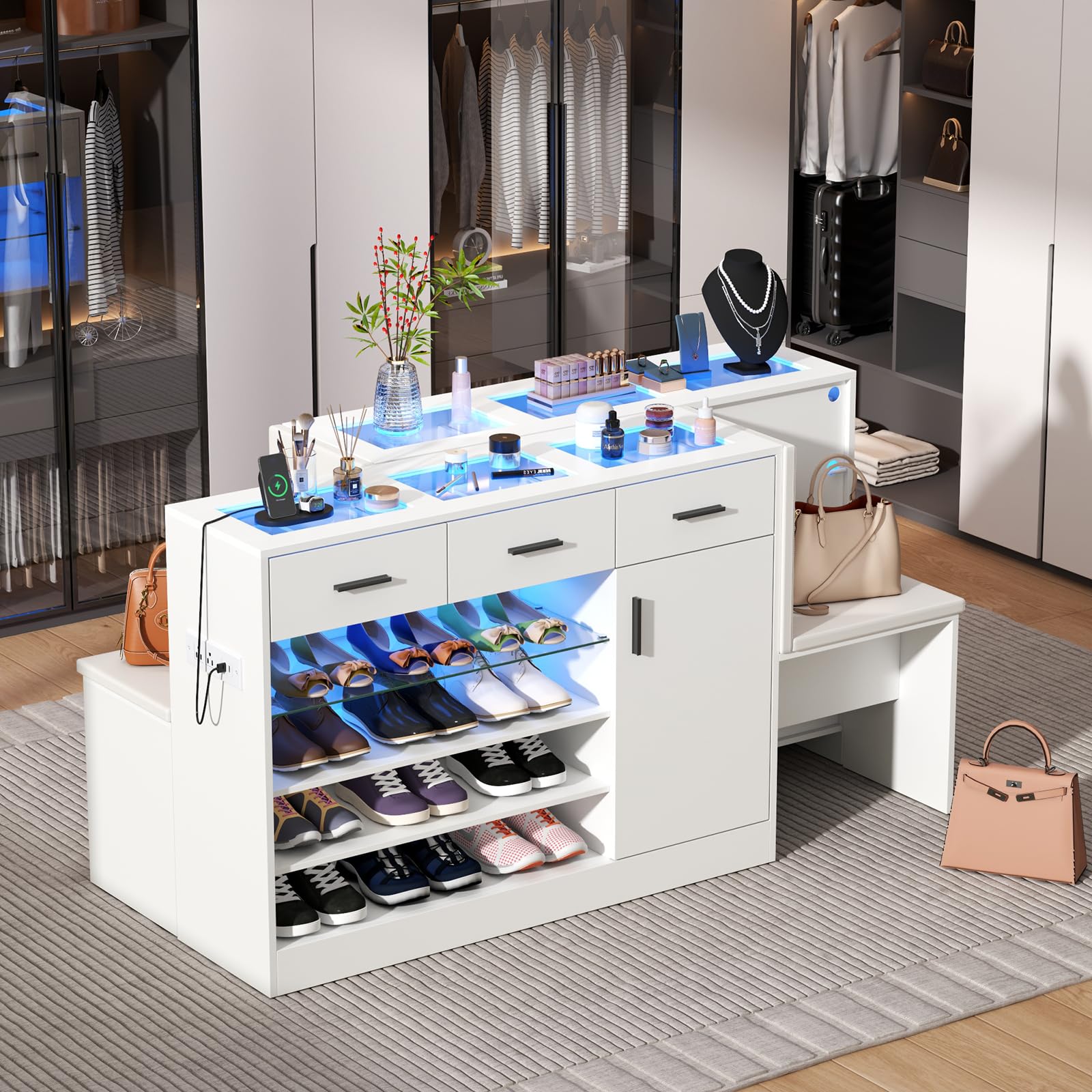 Modern Wardrobe Armoire with USB Charging & LED Lighting - 3-Door Closet with Glass Showcase, 3 Drawers & Storage Bench - Walk-in Closet Organizer for Bedroom, Dressing Room & Retail Stores (White) | Perfect for Home Organization & Boutique Display