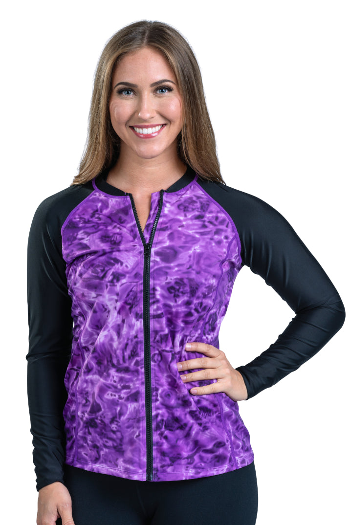 Women's UPF50+ Full Zip Rash Guard Long Sleeve Swim Shirt with Thumb Holes - Aqua Design | Sun Protection for Surfing, Swimming & Water Sports