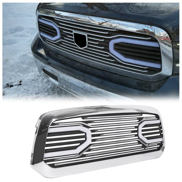 HECASA Chrome Front Big Horn Grille Replacement Shell Compatible with 2013-2018 Dodge RAM 1500 (With Light) - Upgrade Your Truck's Style for Off-Roading & Show Car Events