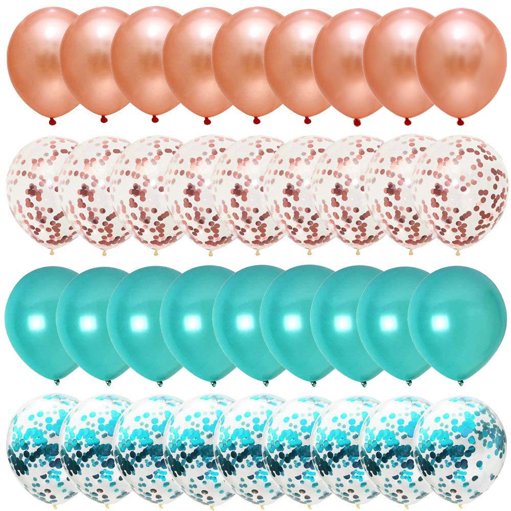Teal Turquoise Balloons & Confetti Balloons, Rose Gold Balloons & Confetti Balloons – Premium Party Decorations for Birthday, Wedding, Engagement – Perfect for Baby Showers, Bridal Showers & Anniversary Celebrations