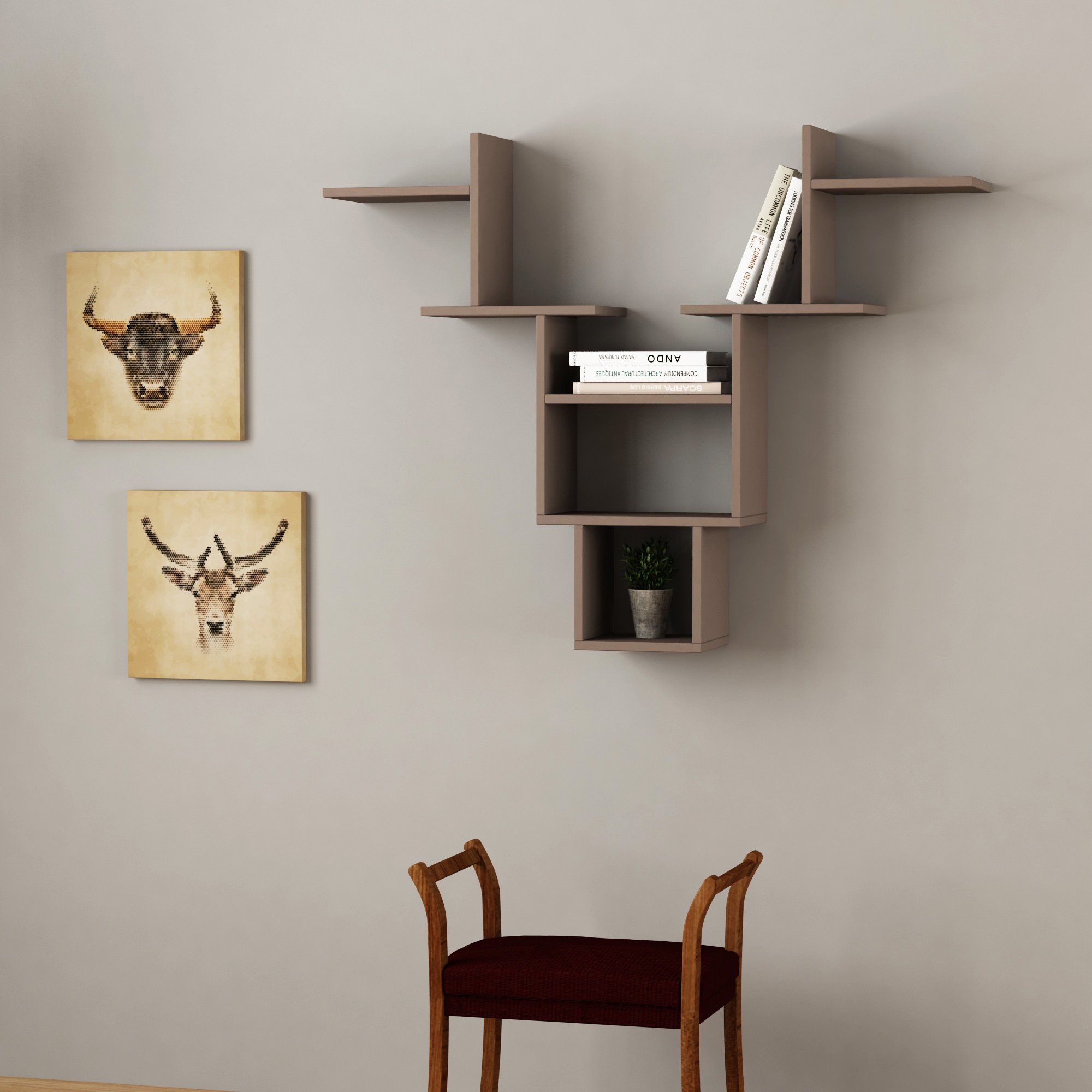 Ada Home Decor Whitetail Modern Light Mocha Wall Shelf 38.98'' H x 50'' W x 8.66'' D - Wall Storage & Shelving Unit for Living Room, Bedroom, or Office Organization