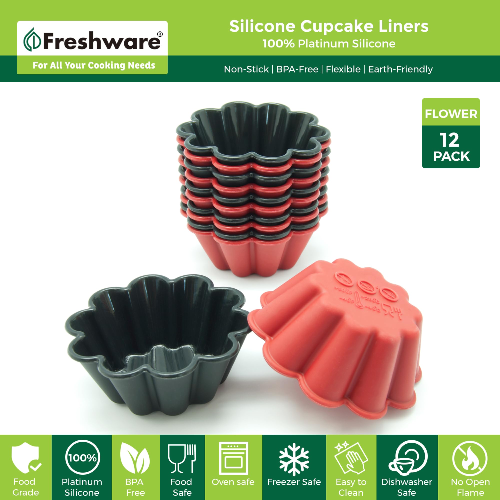 Freshware 12-Pack Silicone Cupcake Liners - 3 Inch Reusable Non-Stick Muffin Baking Cups for Baking, Party, Halloween & Christmas - Perfect for Cupcakes, Muffins & Flower-Shaped Desserts