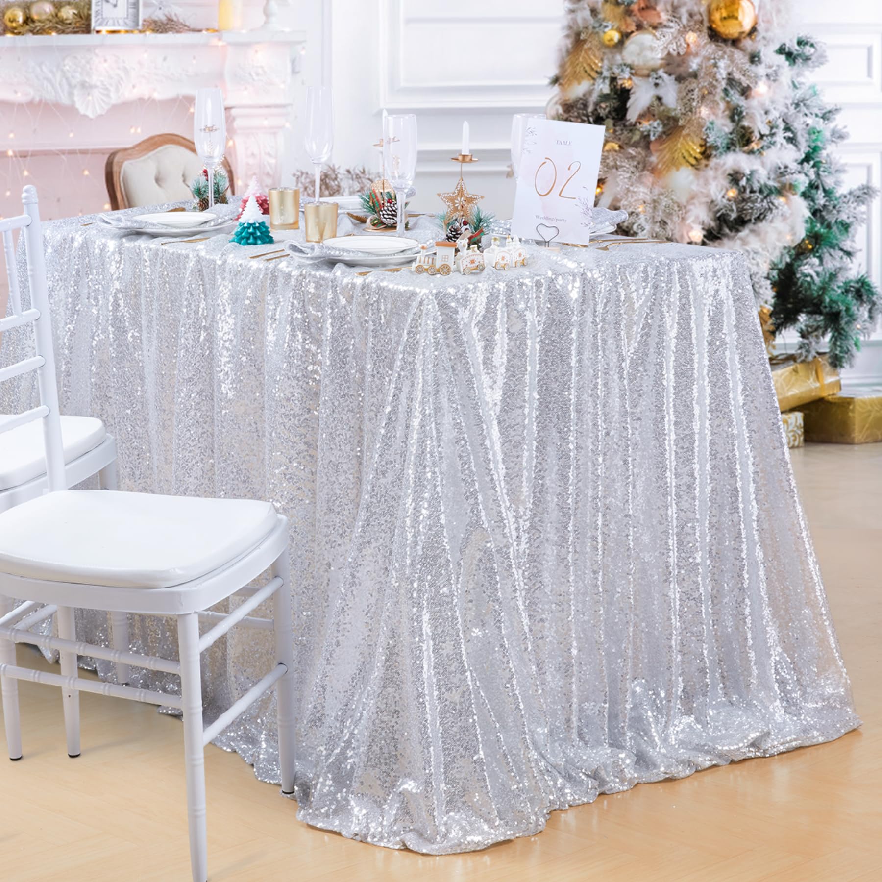 QueenDream 90x132 Inch Silver Sequin Tablecloth - Glitter Rectangular Table Cover for Wedding, Birthday, Bridal Shower Decor | Perfect for Party, Banquet & Holiday Dining Decorations