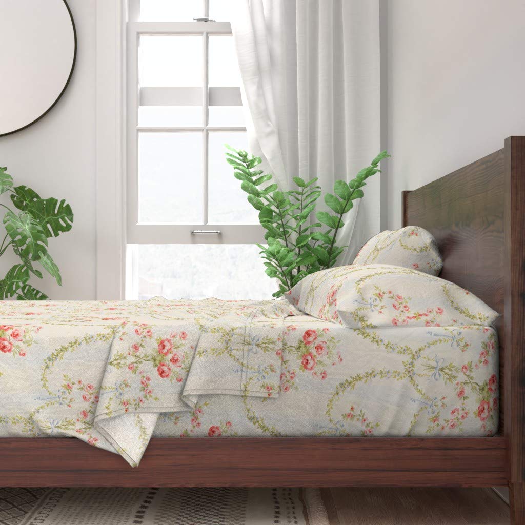 Vintage Victorian Style 100% Cotton Twin Sheet Set (3pc) - Damask Floral & Rococo Rose Print Custom Bedding | Spoonflower Breathable Soft Sheets for Guest Room, Bedroom & Dorm Decor
