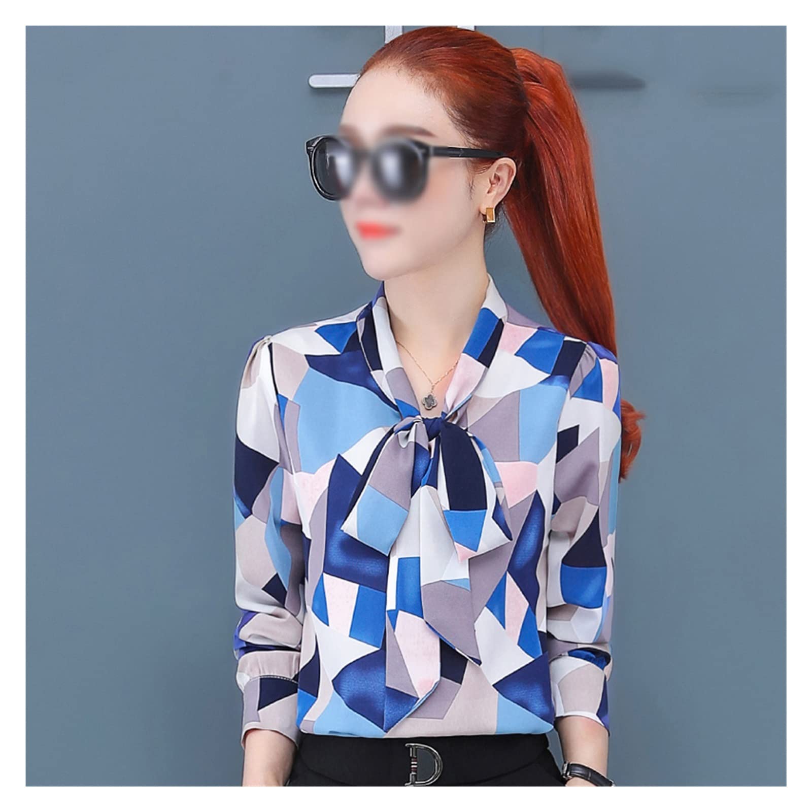 Elegant Long Sleeve Women's Blouse - V-Neck Bow Chiffon Shirt with Floral Print (Color A, Size L) - Perfect for Office Wear, Date Nights & Special Occasions