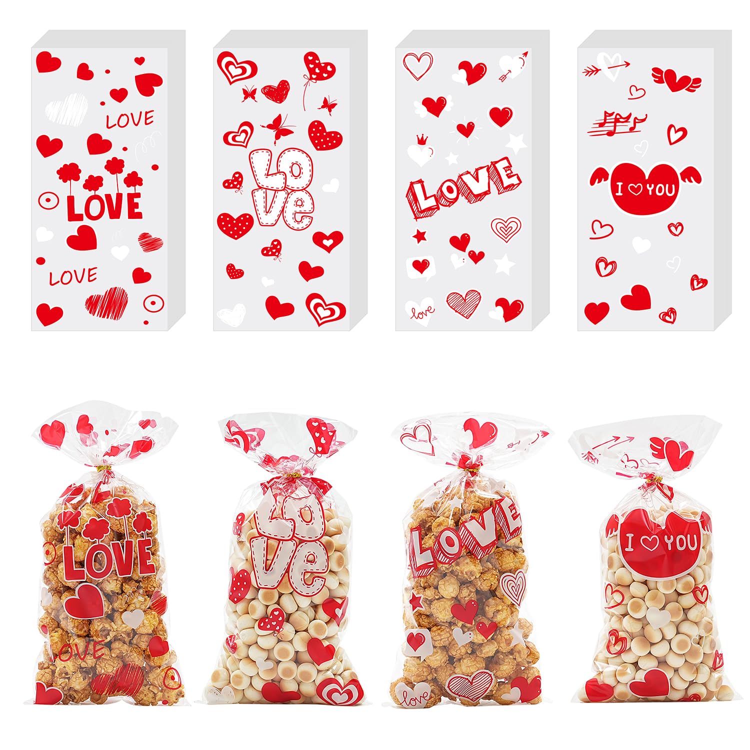ONFAON Valentine's Day Goodie Bags - 180pcs Candy Treat Bags with 200pcs Twist Ties for Snacks, Cookies & Candy Packaging | Perfect for Classroom Parties, Kids & Coworkers | Great for Valentine's Gifts, School Events & Office Celebrations