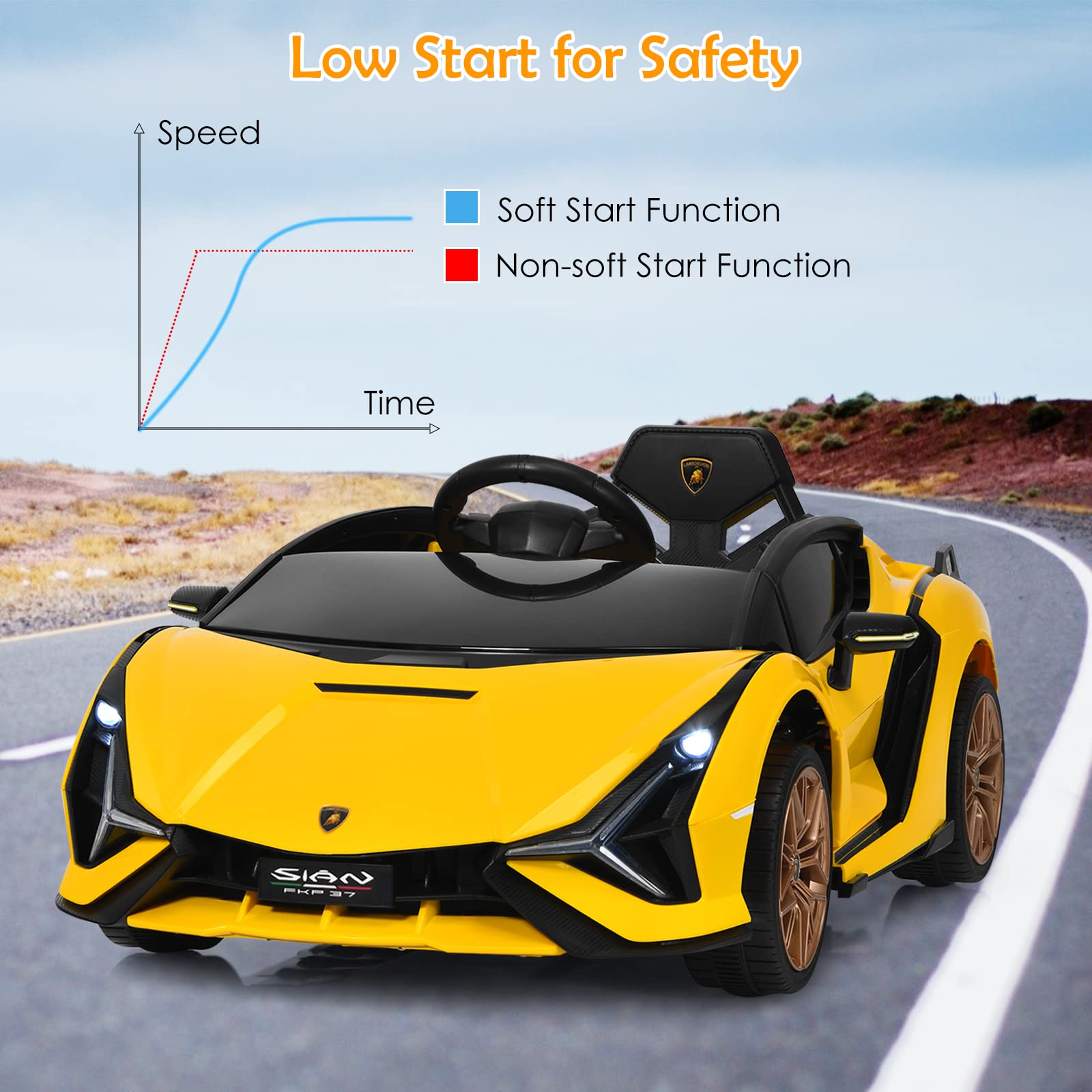 OLAKIDS Licensed Lamborghini SIAN 12V Electric Ride On Car for Kids - Remote Control, 2 Speed, LED Lights, Bluetooth & Music - Battery Powered Toy Vehicle for Toddlers (Yellow) - Perfect for Birthday Gifts, Outdoor Play & Indoor Fun